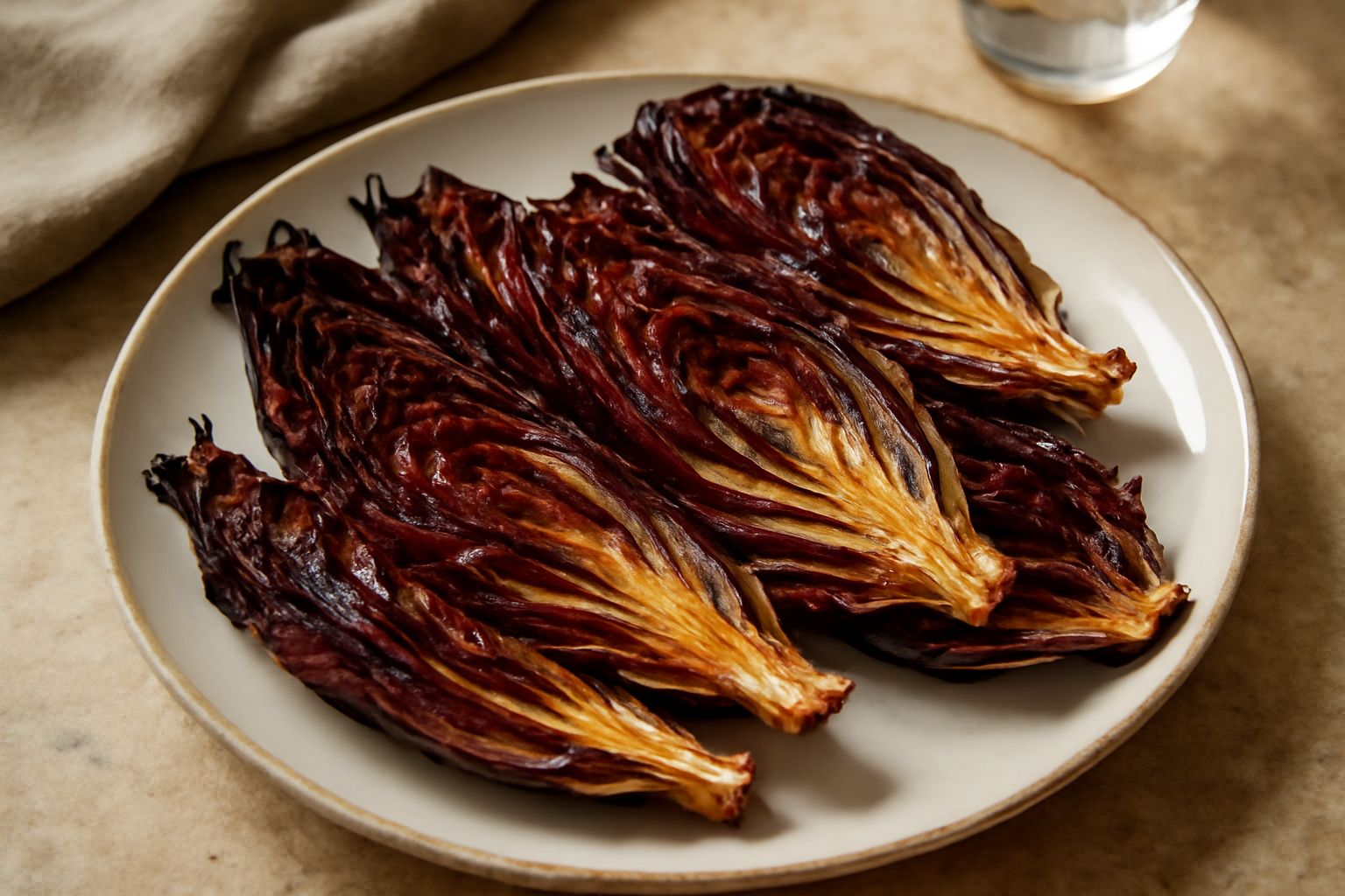 Radicchio brustolato tagliato a spicchi, dorato e leggermente carbonizzato alle estremità, disposto in un piatto bianco con gocce di olio d'oliva e cristalli di sale marino