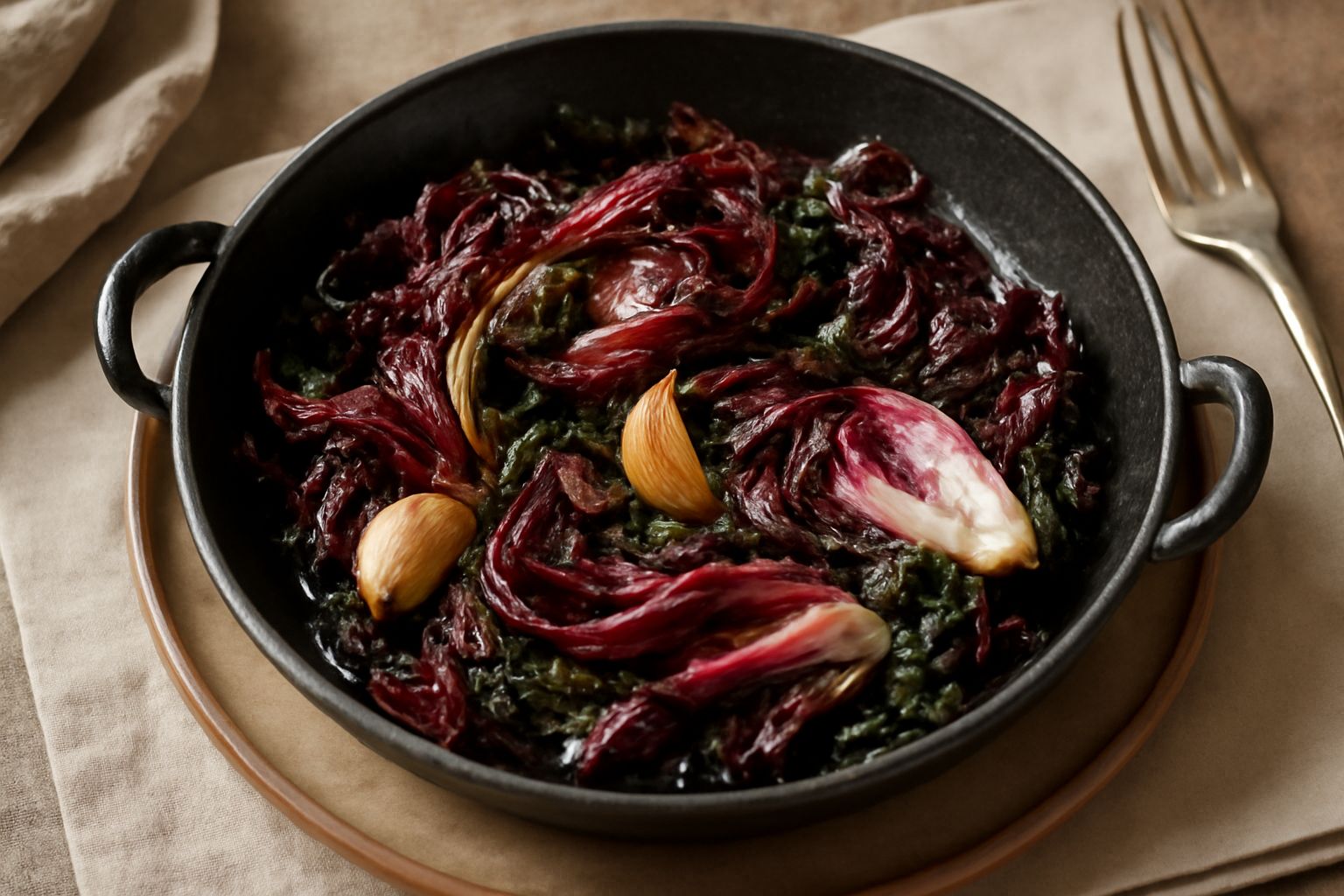 Radicchio di campo ripassato in padella di ferro, foglie rosse e rosa arruffate, leggermente bruciacchiate ai bordi, con spicchi d'aglio dorato e gocce d'olio lucido