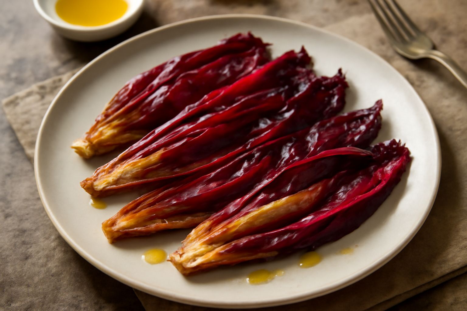 Radicchio di Cascia in padella, foglie rosse e croccanti ai bordi con sfumature marroni dorate, servito in piatto bianco con gocce di olio d'oliva visibili, contorno di sale grosso e una foglia fresca