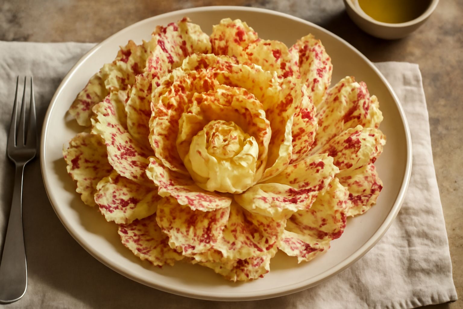Radicchio di Castelfranco variegato sbucciato e affettato in un piatto bianco, con foglie screzia di bianco cremoso e rosso scuro, ancora umide dal lavaggio, guarnito con olio d'oliva e aglio affettat