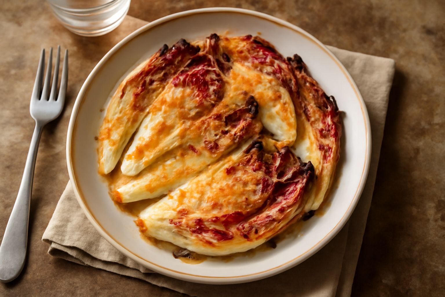 Radicchio di Castelfranco gratinato dorato e croccante in superficie in una pirofila da forno in ceramica bianca, con parmigiano grattugiato giallo su spicchi di radicchio variegato rosso e bianco