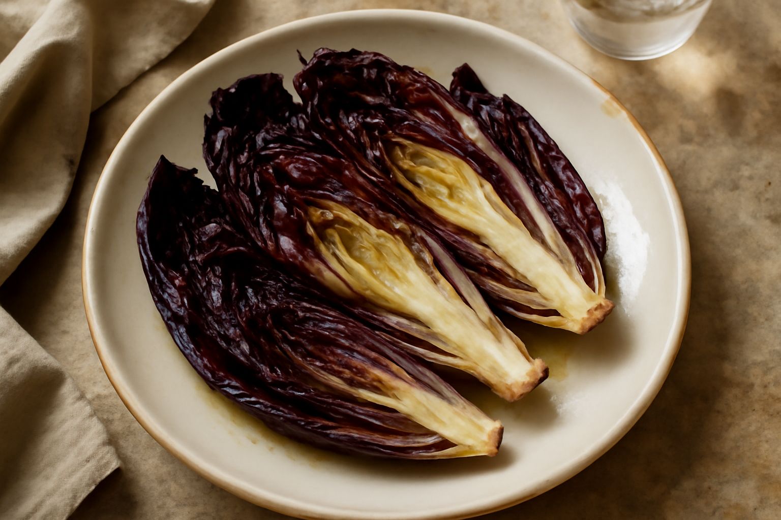 Radicchio rosso scuro tagliato a spicchi, disposto su una teglia da forno bianca, leggermente lucido di olio, con foglie esterne croccanti ai bordi e cuore compatto nel centro