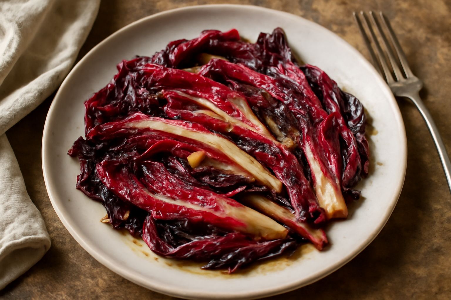 Radicchio di Grado rosso e bianco tagliato a quarti, saltato in padella con aglio dorato, olio lucido, impiattato in ciotola bianca con foglie di radicchio intere visibili e leggera doratura in superf