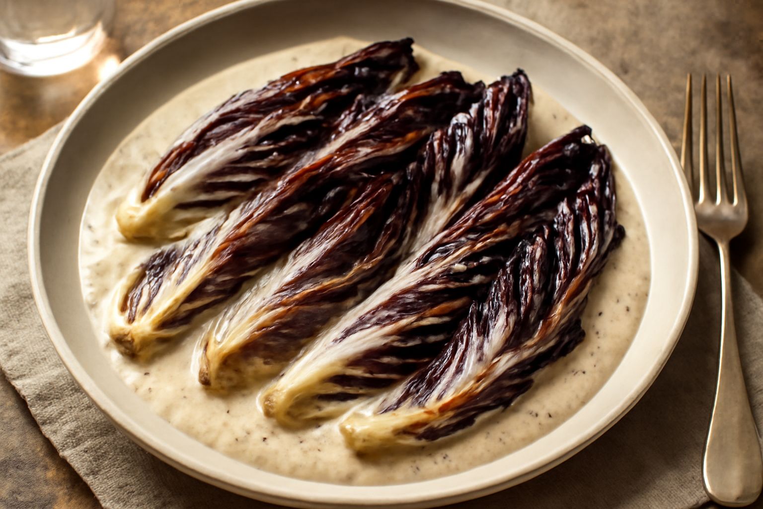 Radicchio di Treviso rosso intenso tagliato a spicchi, disposto in una padella antiaderente con panna bianca che riveste le foglie, guarnito con una spolverata di noce moscata macinata e origano secco