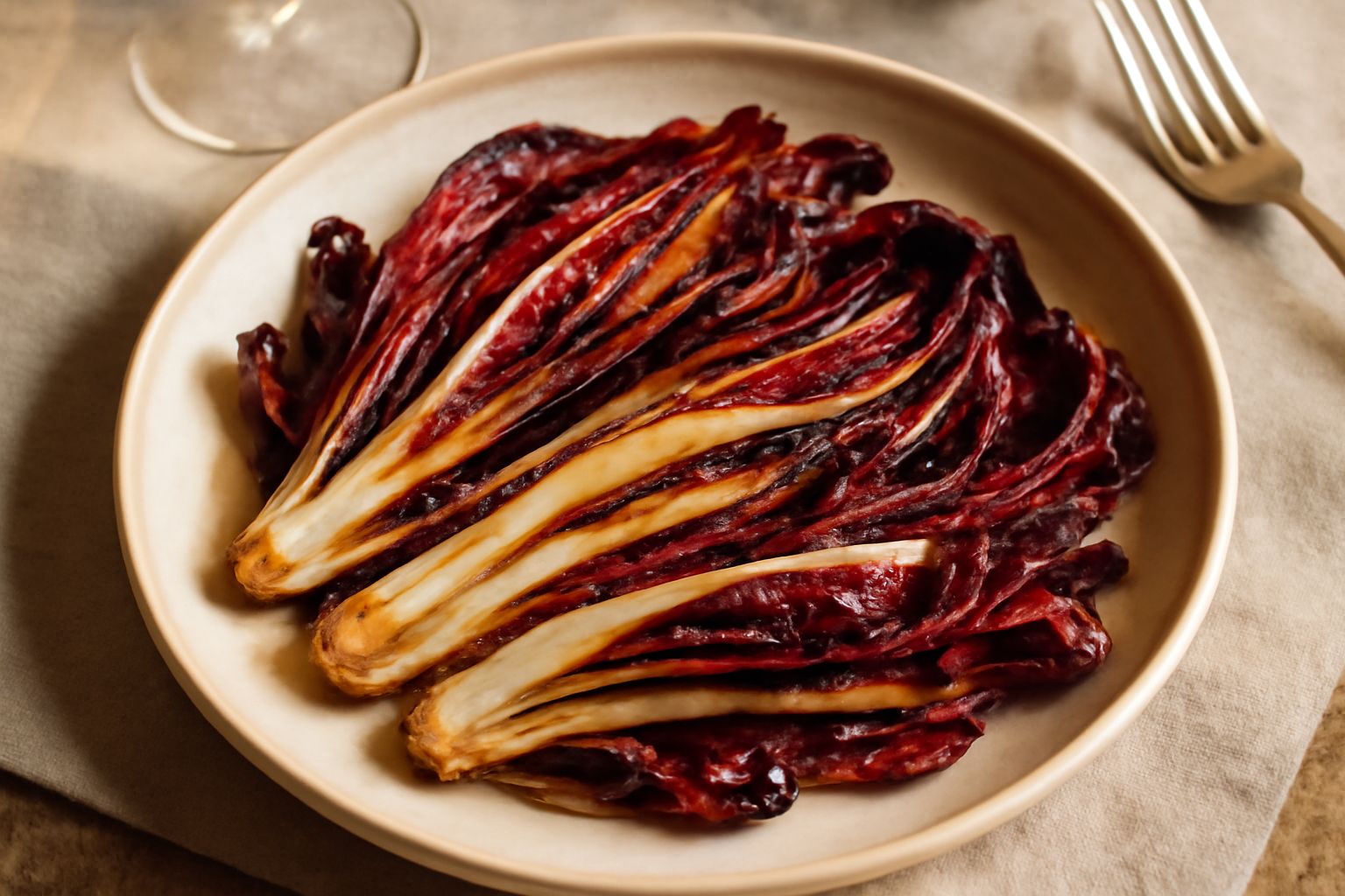 Radicchio di Treviso tagliato a spicchi, leggermente rosso scuro con venature bianche, disposto in una padella di ferro con olio e aglio, appena imbiondito