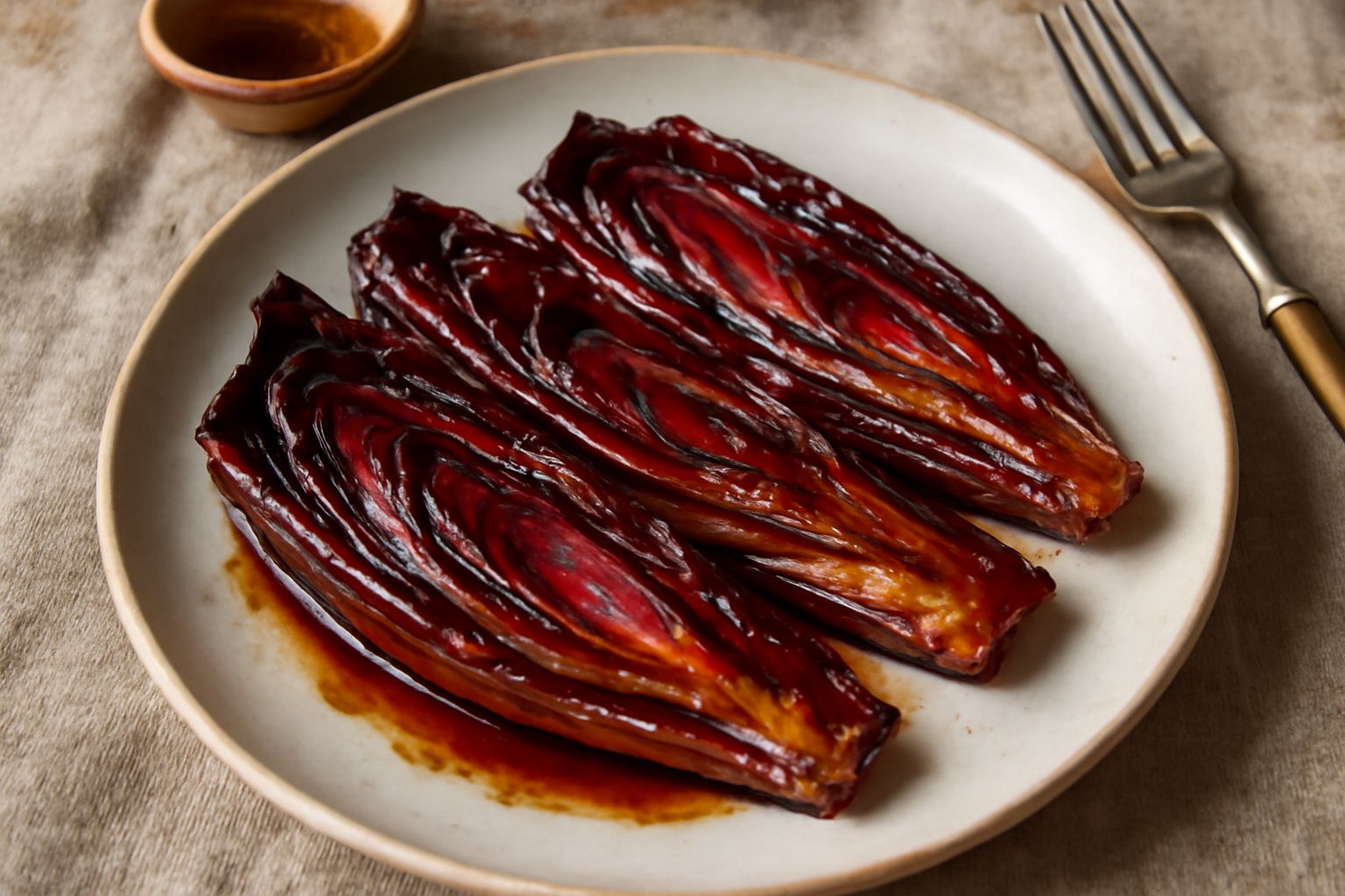 Radicchio rosso di Treviso tagliato a spicchi, disposto in una padella antiaderente con burro fuso, bordi leggermente caramellati, guarnito di mandorle tostate su piatto bianco