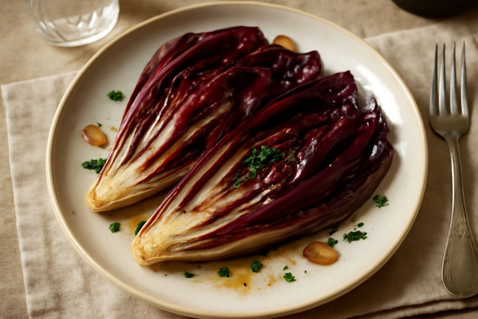 Radicchio di Treviso ripassato in padella, foglie rosse scure con nervature bianche leggermente caramellate ai bordi, olio lucido, aglio tostato e prezzemolo fresco spolverato