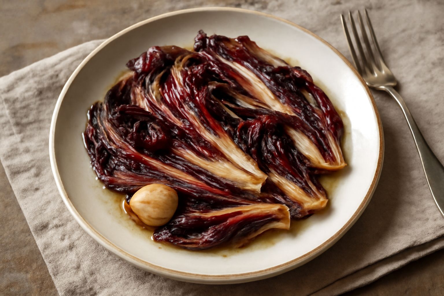 Radichio di Treviso ripassato in padella di ferro, strisce rosse e bianche leggermente appassite e dorate ai bordi, olio lucido, spicchi d'aglio sbiaditi accanto, su fondo di legno scuro