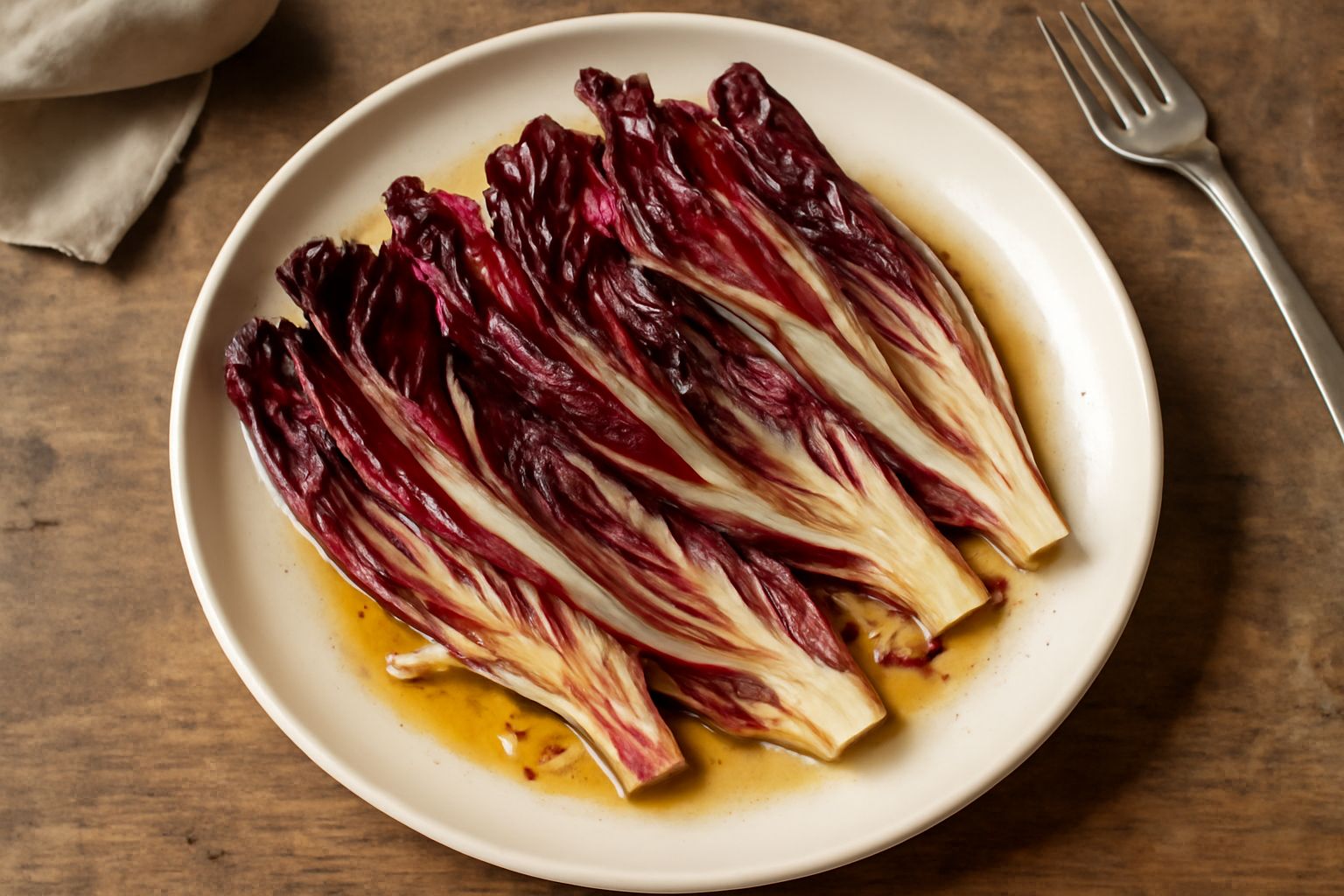 Radicchio di Treviso saltato in padella, con foglie rosse e bianche croccanti, aglio dorato e gocce d'olio lucido, impiattato in un piatto bianco