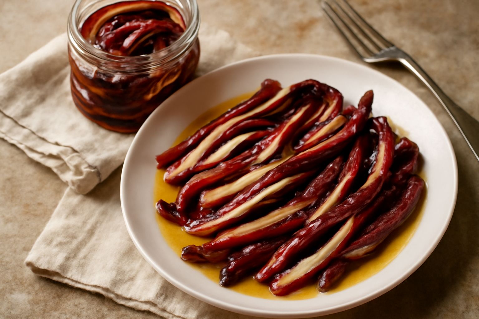 Vasetto di vetro con radicchio rosso tagliato a fettucce, coperto di olio trasparente con aceto, su sfondo di marmo bianco con foglie di radicchio fresco intorno