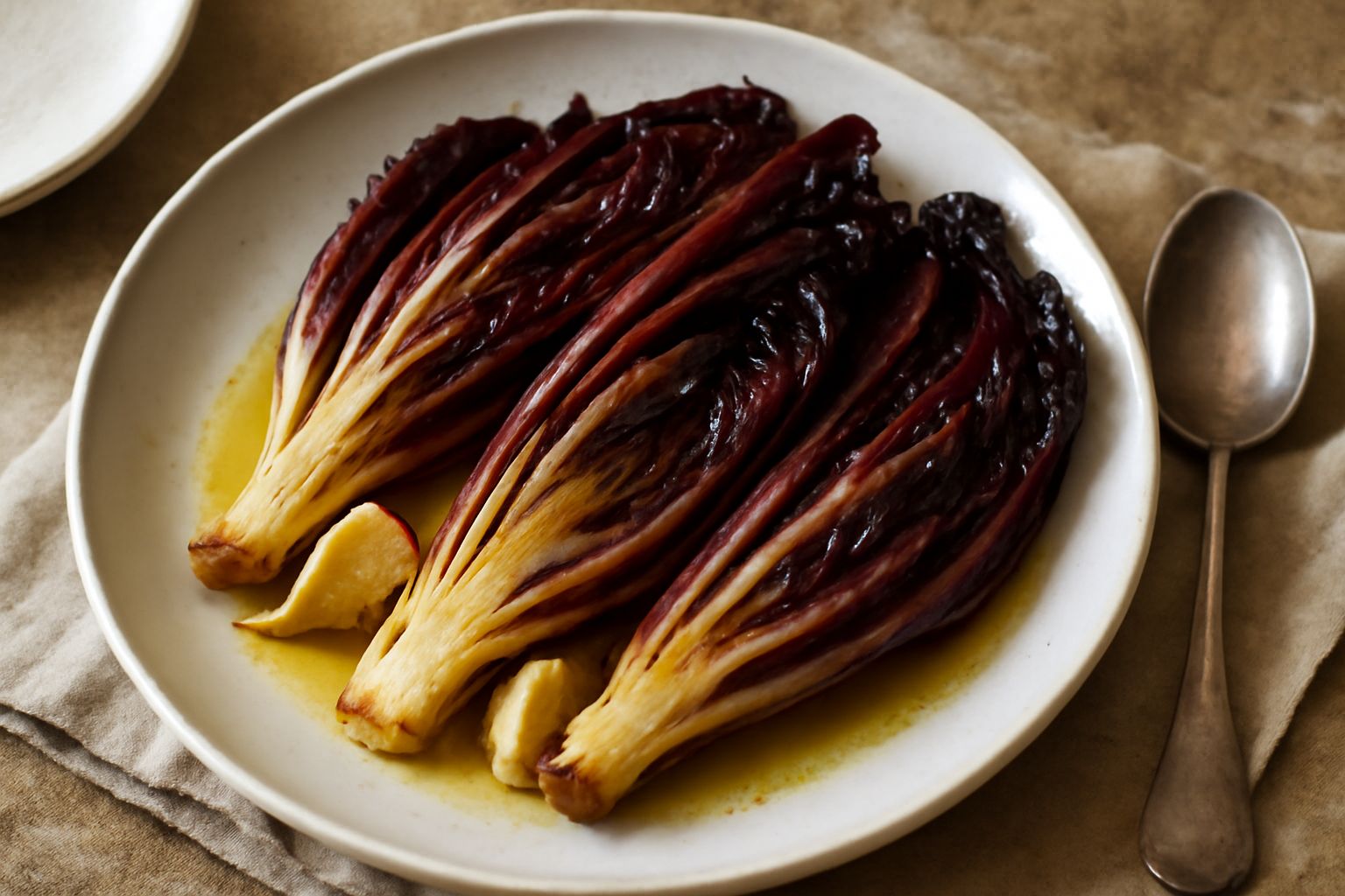 Radicchio di Treviso tardivo arrosto in teglia bianca, foglie caramellate ai bordi, colore rosso bordeaux intenso, olio lucido visibile, guarnito con aglio arrosto e gocce di limone