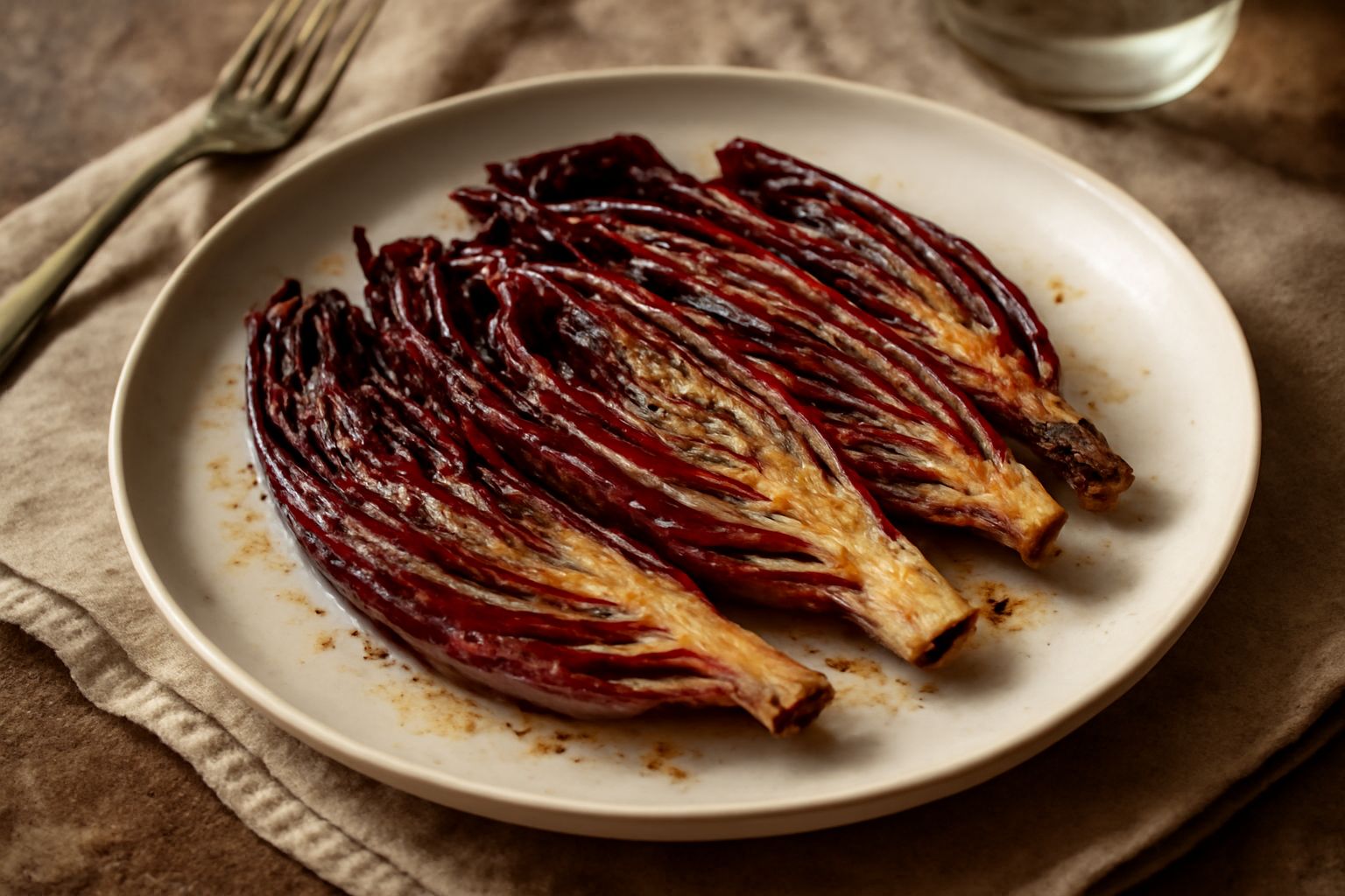 Spicchi di radicchio di Verona rosso scuro al forno, caramellati sui bordi, disposti su una teglia da forno con orli croccanti visibili, conditi con gocce d'olio d'oliva