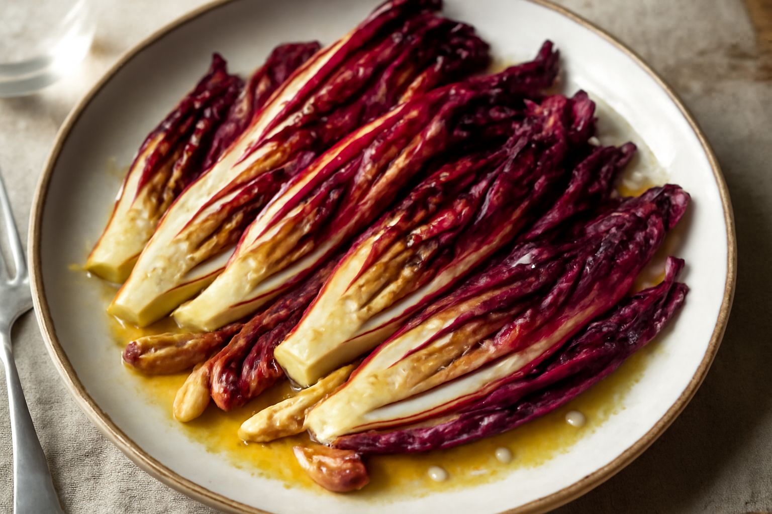 Radicchio di Verona rosso scuro affettato in padella con olio dorato, spicchi d'aglio e sale, servito in un piatto bianco con foglie croccanti ancora leggermente umide