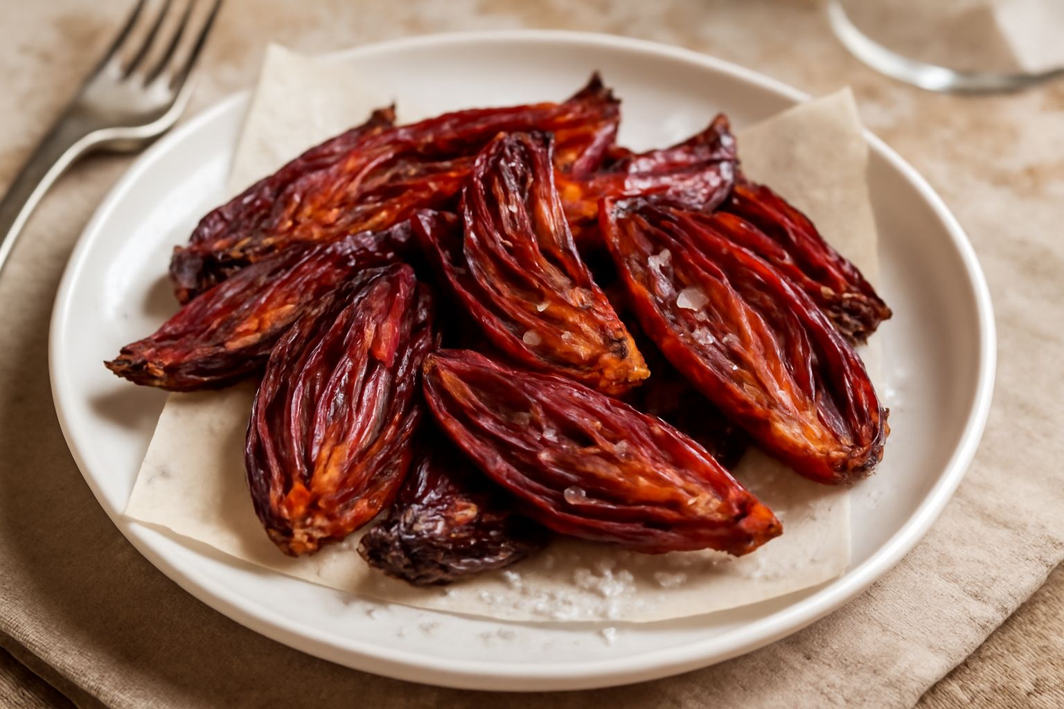 Spicchi di radicchio rosso fritto disposti su carta assorbente bianca, croccanti e dorati ai bordi, spolverati di sale marino grosso, con olio che ancora gocciola leggermente dai bordi