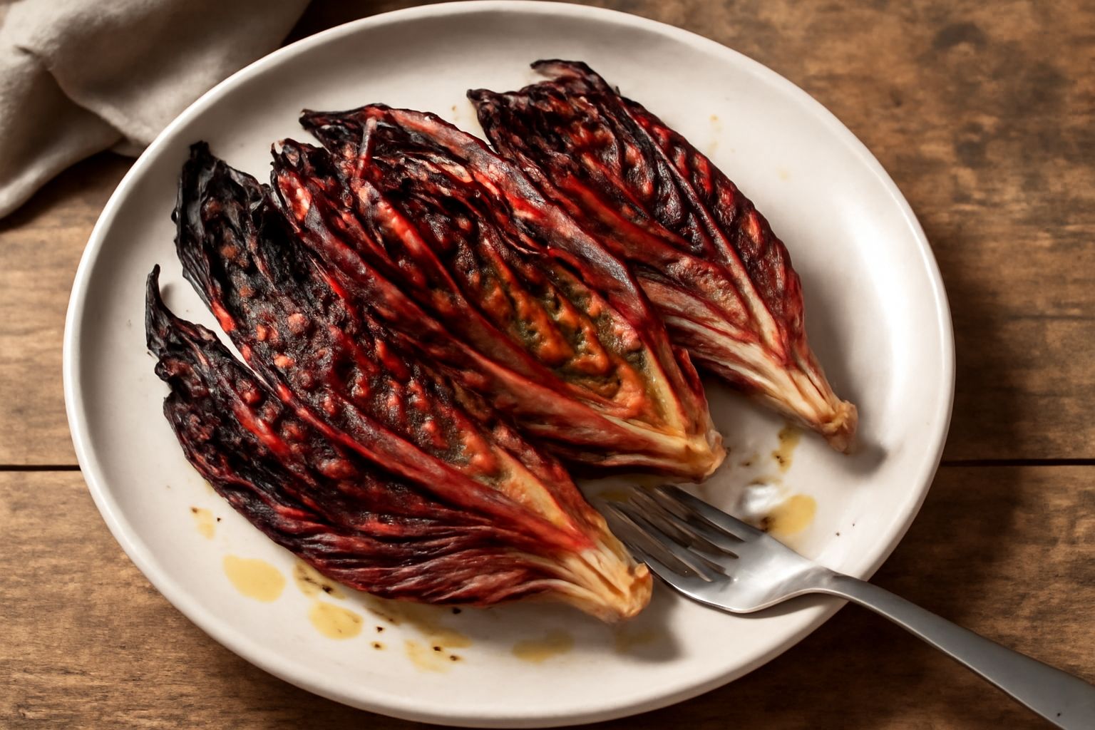 Radicchio rosso di Treviso grigliato disposto nel piatto, striature nere della griglia visibili, foglie caramellate ai bordi, colore rosso scuro intenso, condito con olio e sale grosso