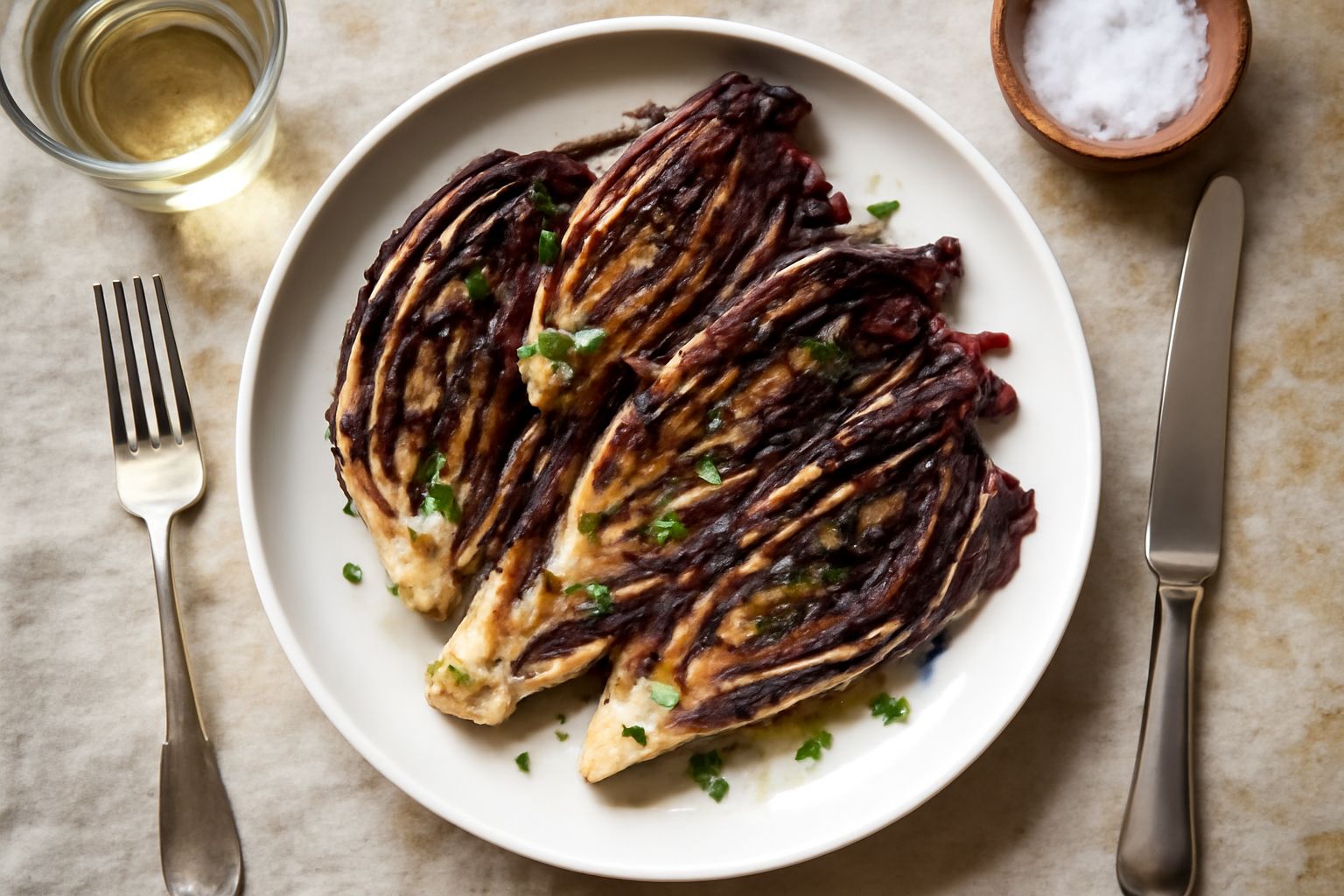Spicchi di radicchio rosso scuro grigliati disposti su un piatto bianco, con righe di cottura nere, leggermente brillanti d'olio d'oliva, e qualche goccia di aceto balsamico scuro