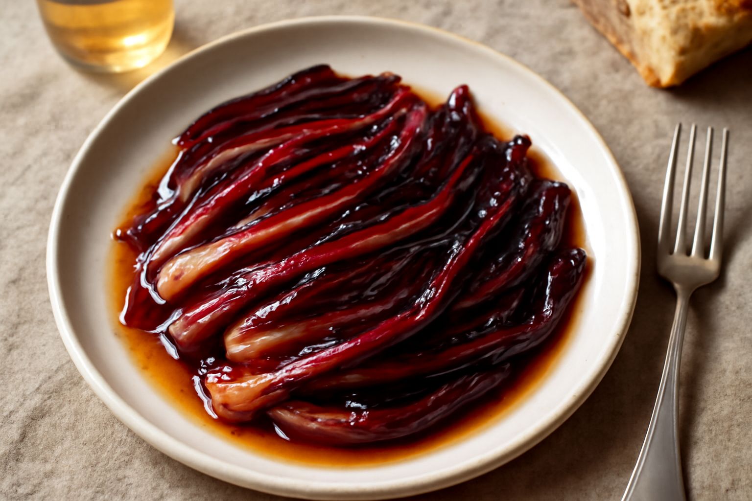 Radicchio rosso tagliat in strisce larghe, leggermente appassito e lucido di glassa agrodolce, guarnito con semi di sesamo, in un piatto bianco fondo