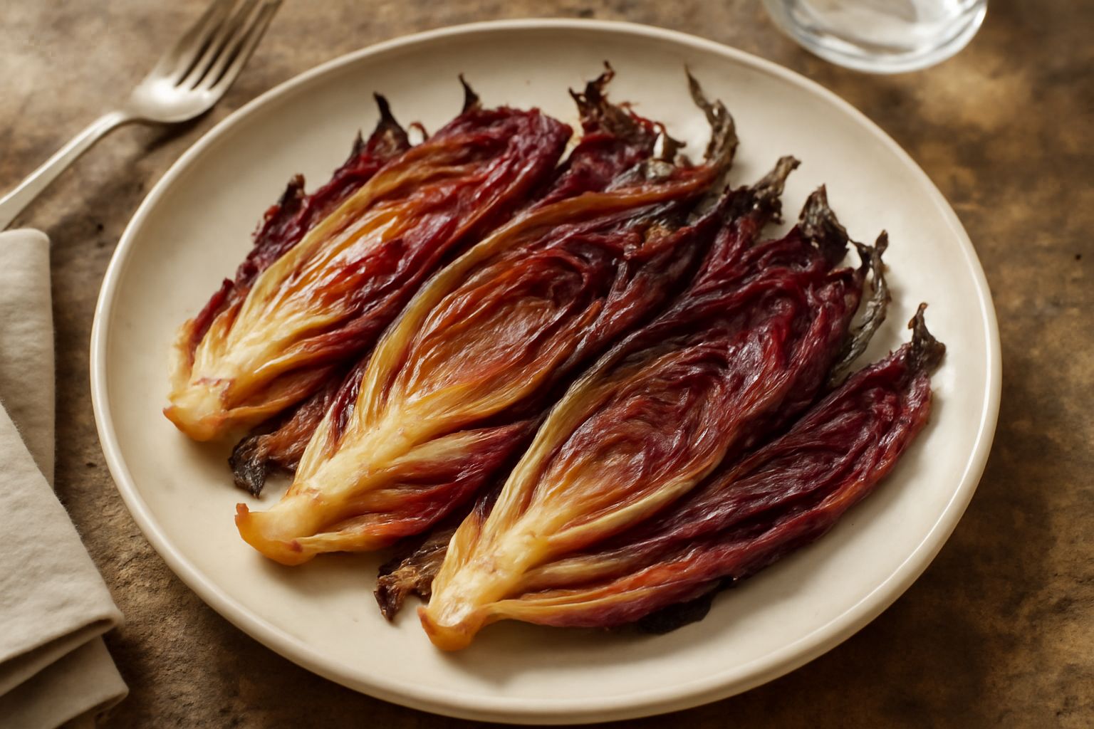 Radicchio rosso tagliato a fette spesse, saltato in padella di ferro con bordi caramellati dorati, olio lucido, aglio e peperoncino visibili, impiattato con un filo d'olio extravergine crudo