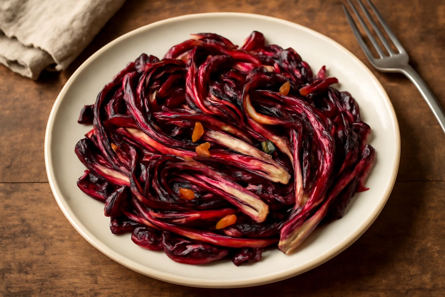 Radicchio rosso scuro saltato in padella, tagliato a strisce, adagiato in un piatto bianco con gocce di olio extravergine e aglio visibile, aspetto croccante e uniforme