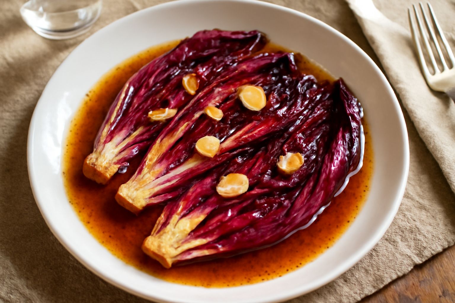 Radicchio rosso acceso tagliato a spicchi, impiattato in una ciotola bianca con una salsa brunastro-dorata che ricopre leggermente le foglie. Aglio thinly sliced visibile e olio lucido sulla superfici