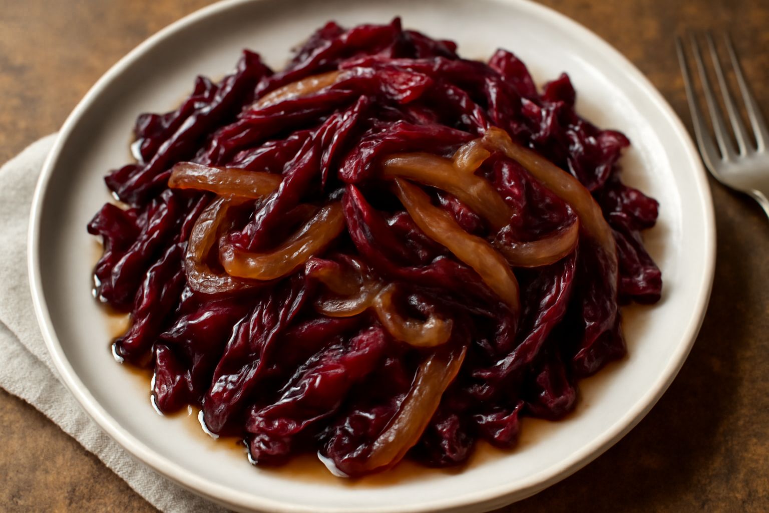 Piatto bianco con radicchio rosso tagliato in striscie sottili, cipolla gialla caramellata e lucida, agrodolce, servito tiepido con aceto visibile nel condimento