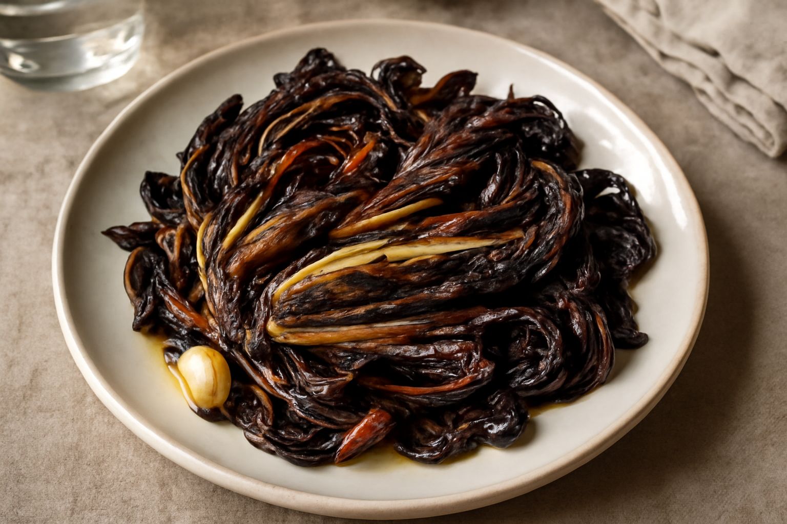 Radicchio rosso scuro ripassato in padella, foglie croccanti caramellate ai bordi, aglio dorato, olio lucido, servito in piatto bianco con fette di pane tostato