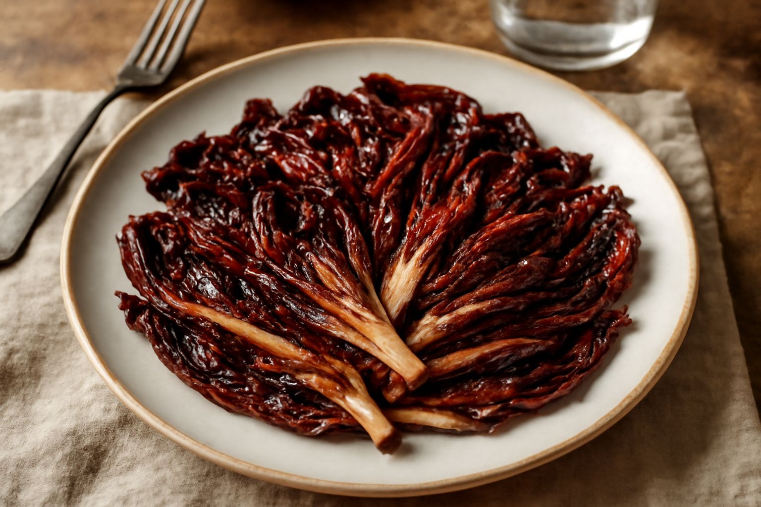 Radicchio rosso tagliato a spicchi dorato e caramellato in una padella di ferro, con aglio e olio d'oliva, foglie croccanti ai bordi leggermente annerite