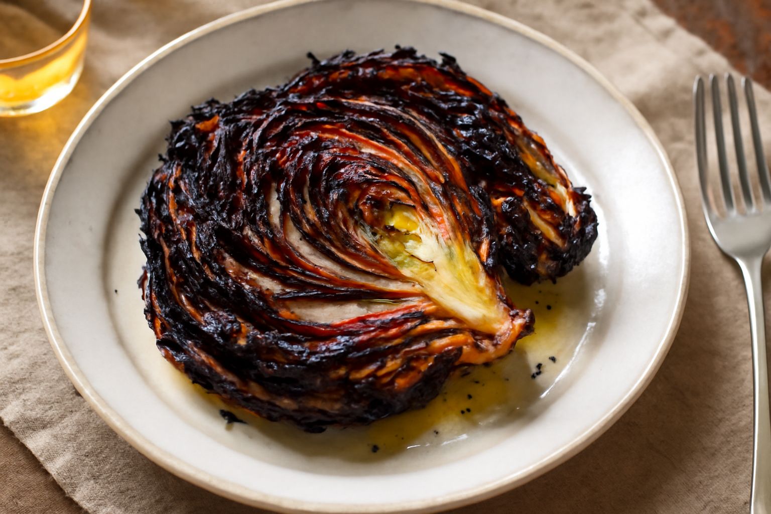 Radicchio rosso spaccato in due, grigliato sulla brace, con bordi neri caramellati e striature dorate, disposto su un piatto bianco con filo di olio d'oliva