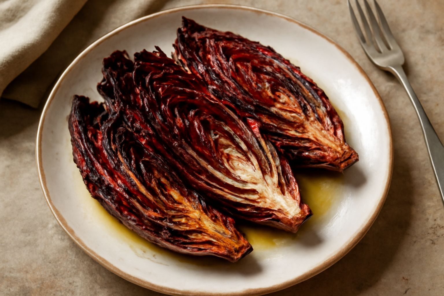 Fette di radicchio rosso caramellate dalla griglia, disposte su un piatto bianco, condite con olio d'oliva e sale, colore rosso scuro con venature bianche ben marcate