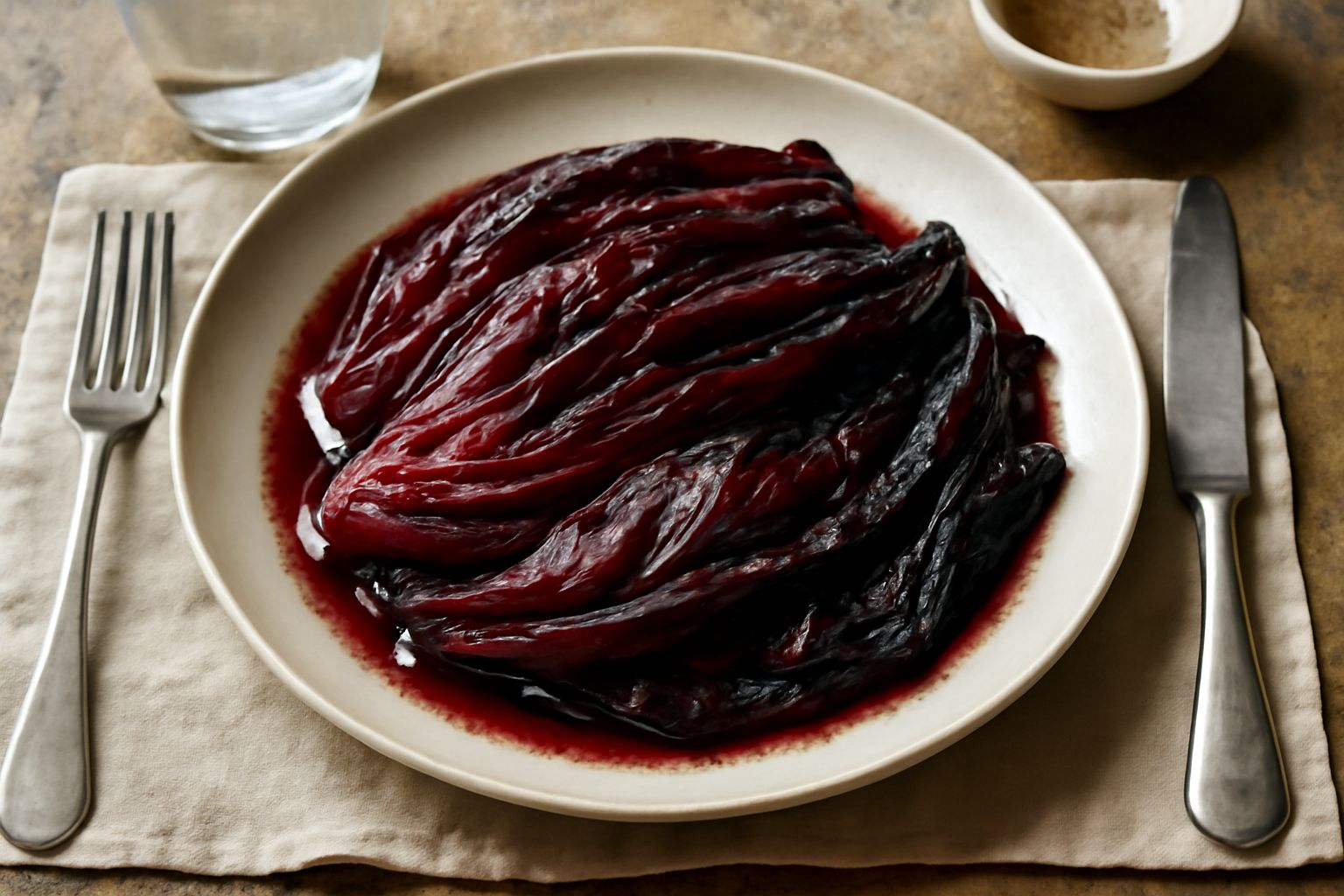 Radicchio rosso brasato in piatto bianco, foglie brunite e morbide, con gocce di riduzione scura lucida, servito caldo come contorno