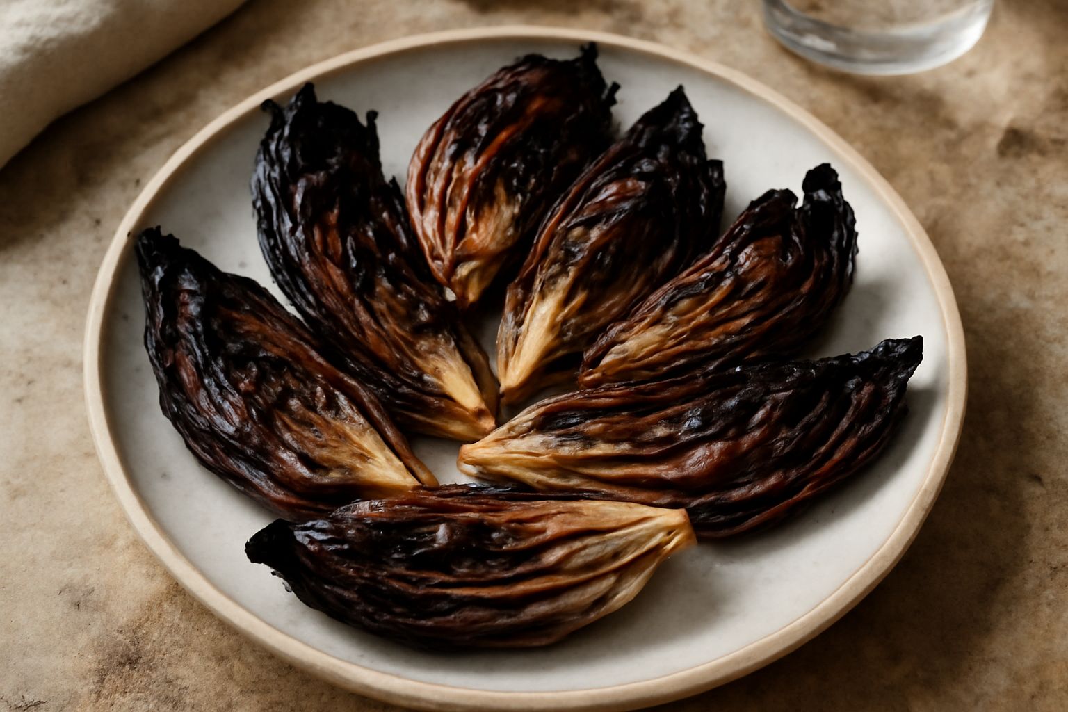 Quarti di radicchio rosso brustolati in padella, con bordi caramellati scuri e interno ancora compatto, cosparsi di sale grosso, su fondo di ceramica bianca