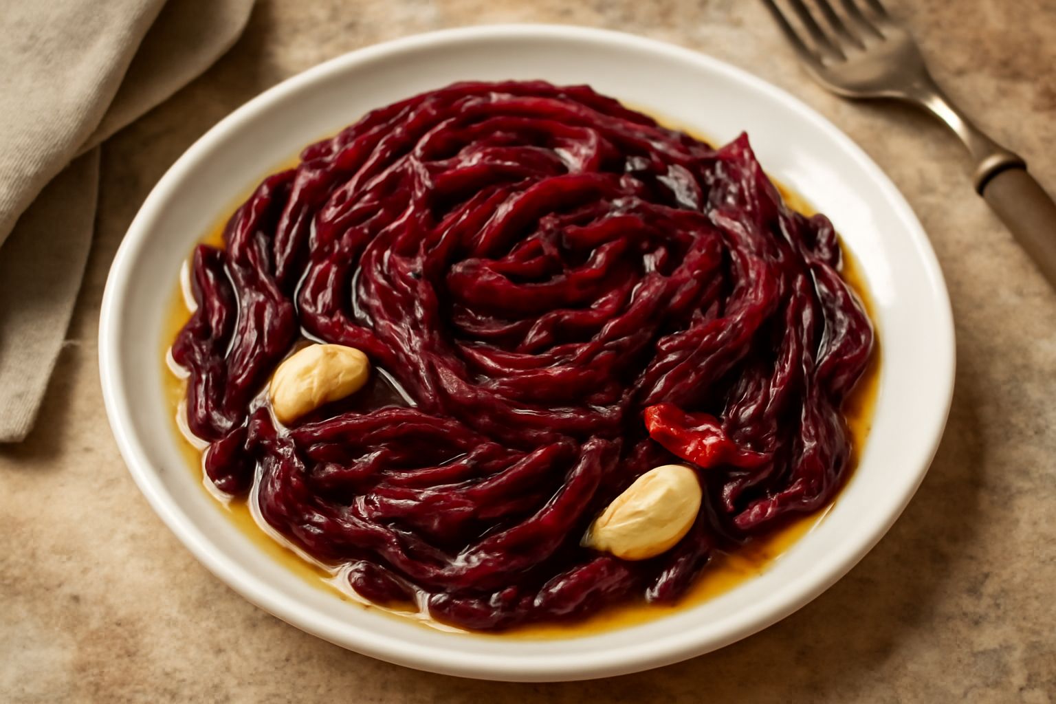 Vasetto di vetro con radicchio rosso tagliato a strisce, bagnato in olio extravergine, con spicchi di aglio e peperoncino rosso visibili tra le foglie scure, su fondo di legno chiaro
