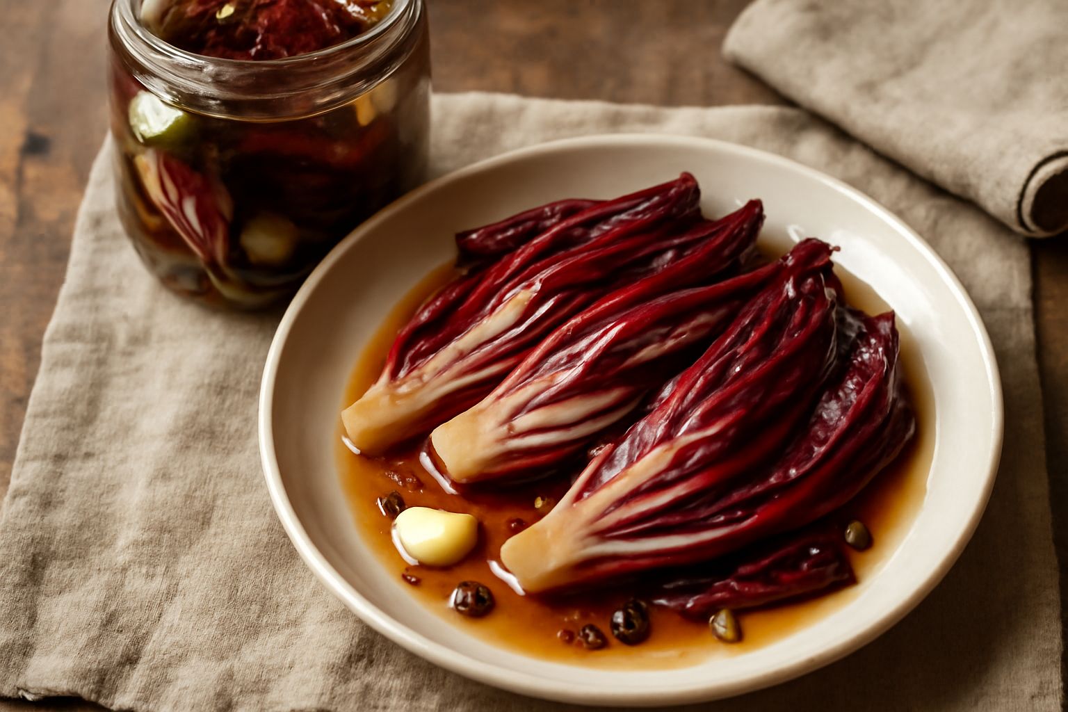 Vasetto di vetro con radicchio rosso affettato conservato sott'aceto, con fette di aglio e grani di pepe nero visibili nel liquido trasparente ambrato, su sfondo bianco.