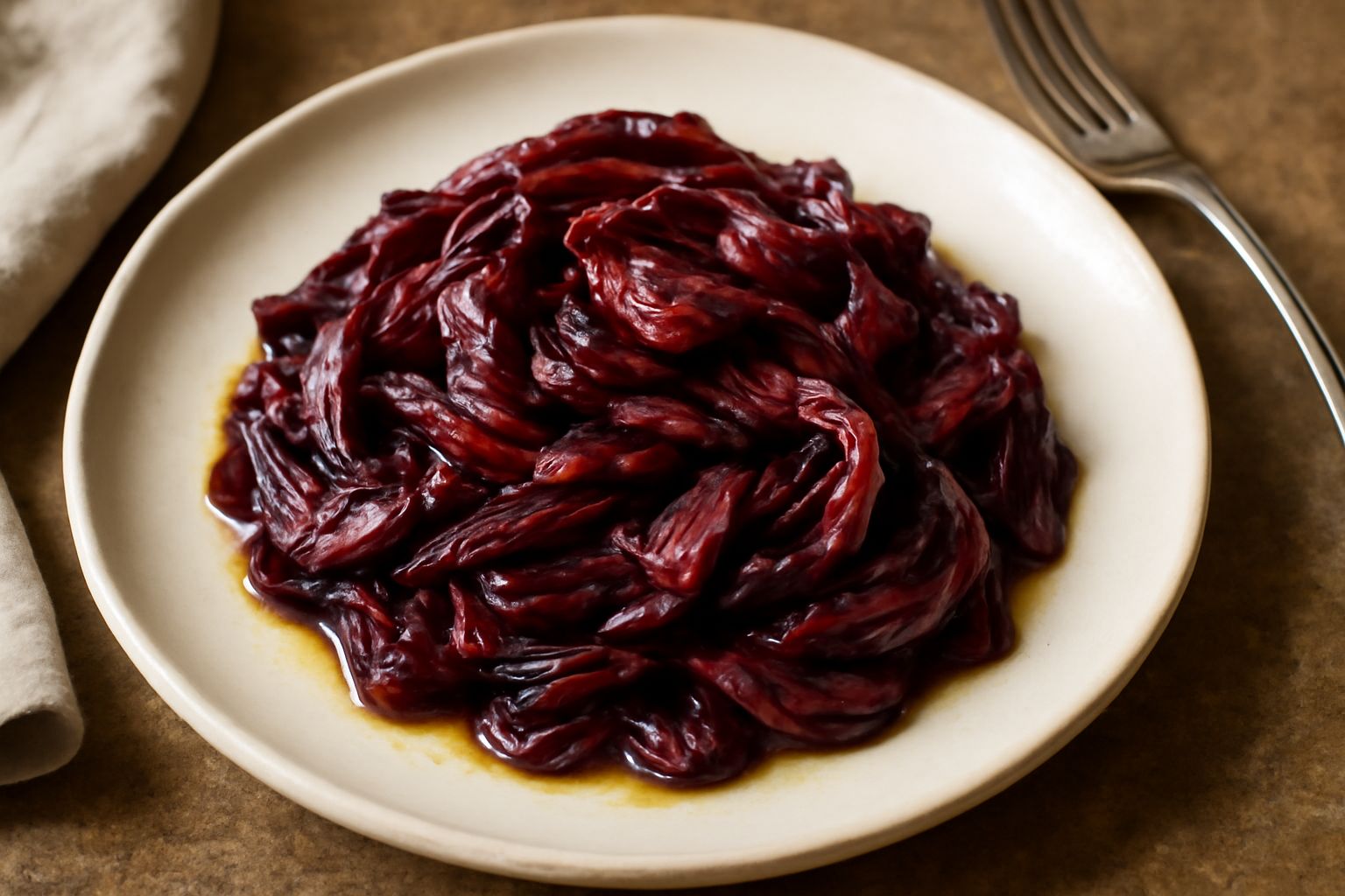 Radicchio rosso cotto in padella, foglie rosso scuro con sfumature più chiare, morbide e lucide di olio, disposto su un piatto bianco con una forchetta accanto