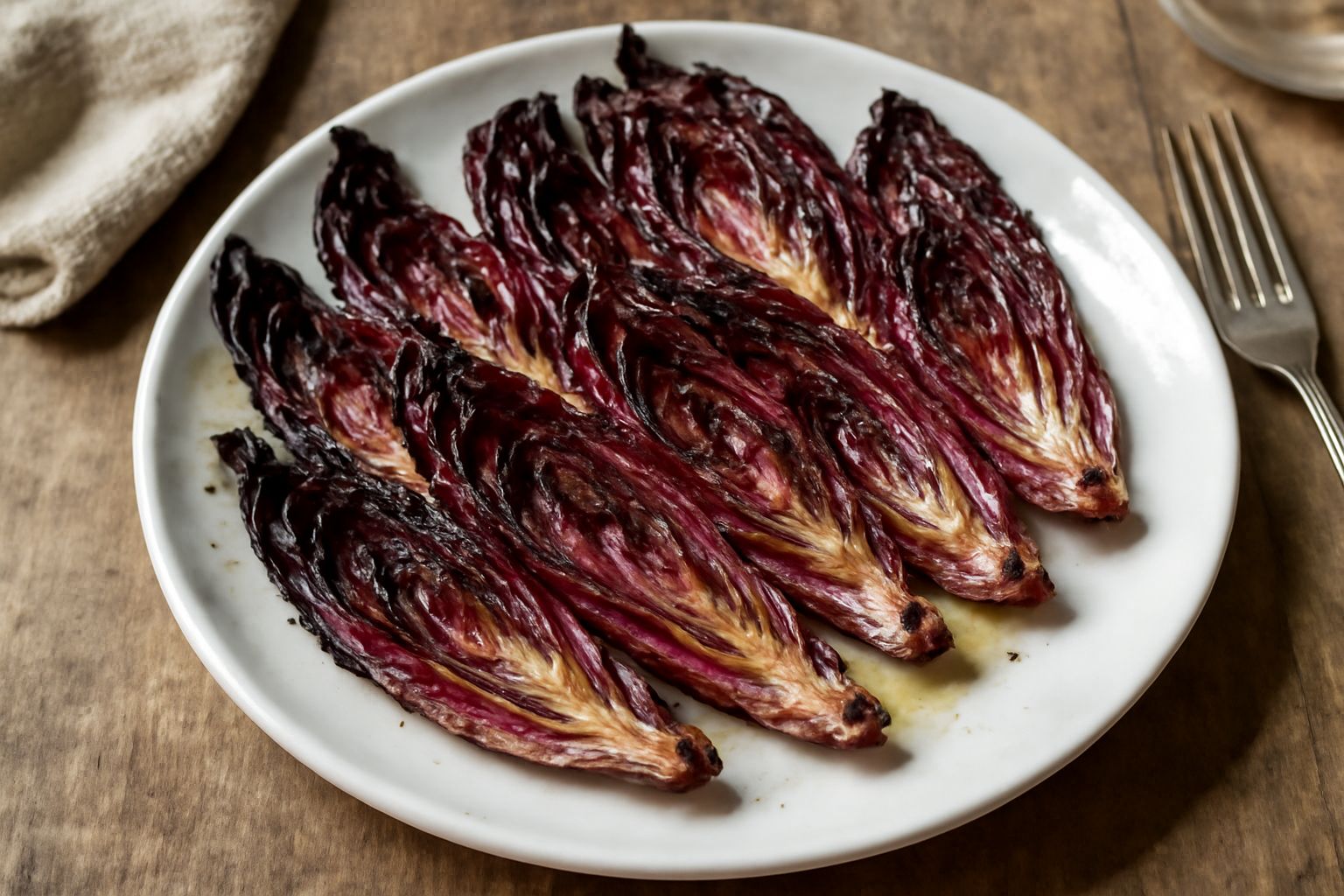 Radicchio rosso tostato in padella, rosso scuro con bordi caramellati, tagliato a spicchi, olio lucido in superficie, servito in piatto bianco con filo di olio d'oliva crudo