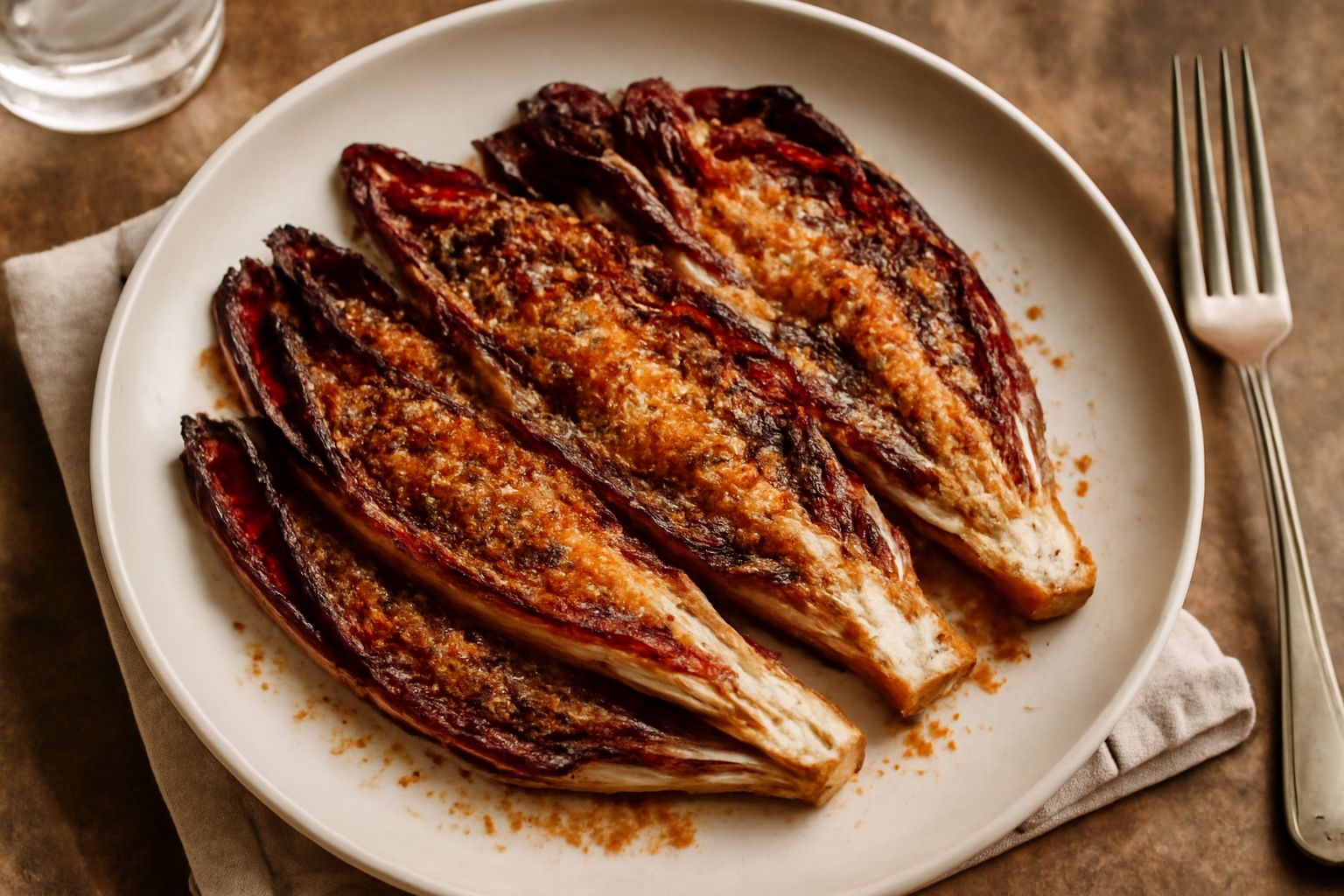 Radicchio rosso gratinato nel piatto bianco, foglie croccanti dorate ai bordi con crosticina di pangrattato e parmigiano, contorno di insalata verde fresca
