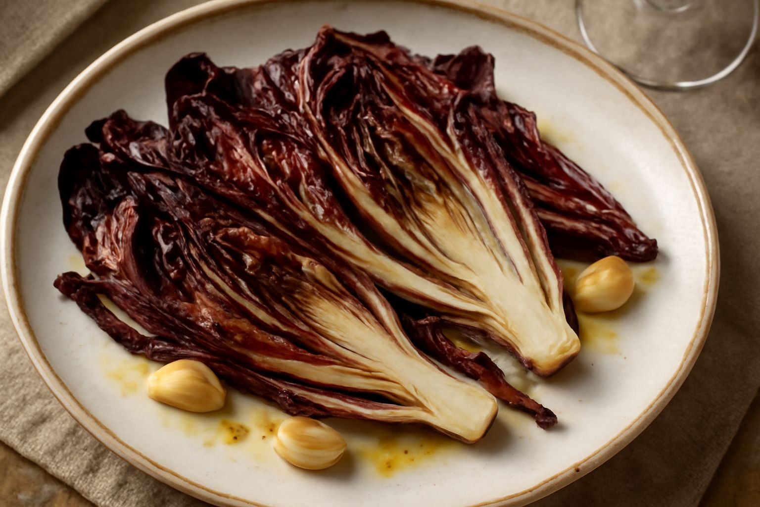 Radicchio rosso di Treviso spezzettato in foglie larghe, grigliate e dorate ai bordi, disposte su un piatto bianco con fili di olio extravergine lucente e spicchi d'aglio scuri tra le foglie
