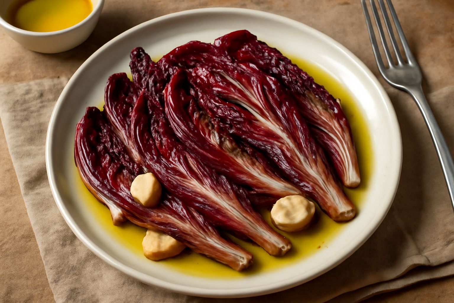 Radicchio rosso di Treviso cotto in un piatto bianco, foglie morbide di colore rosso scuro con venature bianche, condito con olio e aglio dorato, vapore leggero ancora visibile