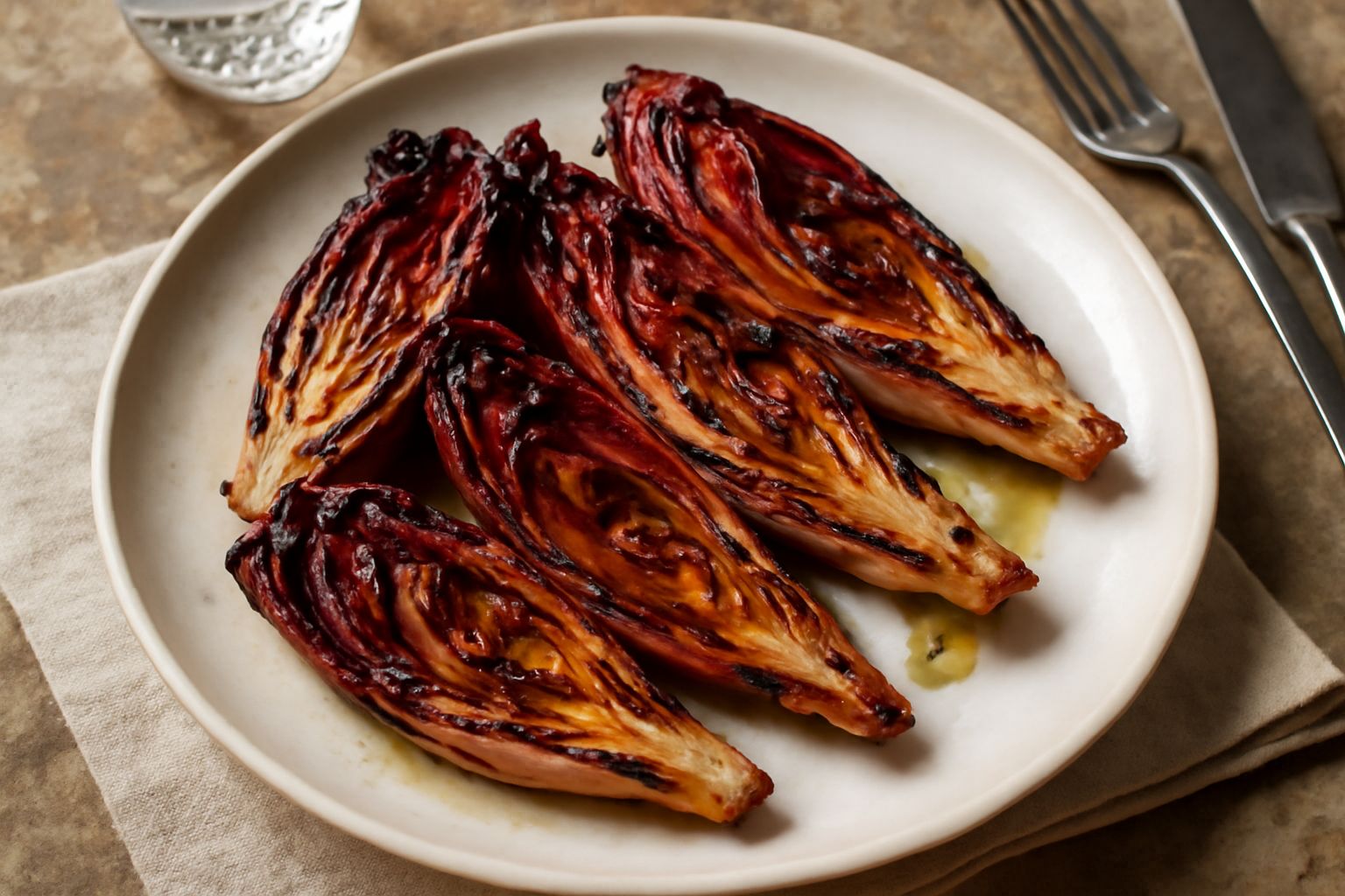 Radicchio rosso di Treviso grigliato su un piatto bianco, spicchi caramellati di colore rosso scuro con striature dorate, foglie leggermente riarse ai bordi, condito con gocce di olio d'oliva e sale g