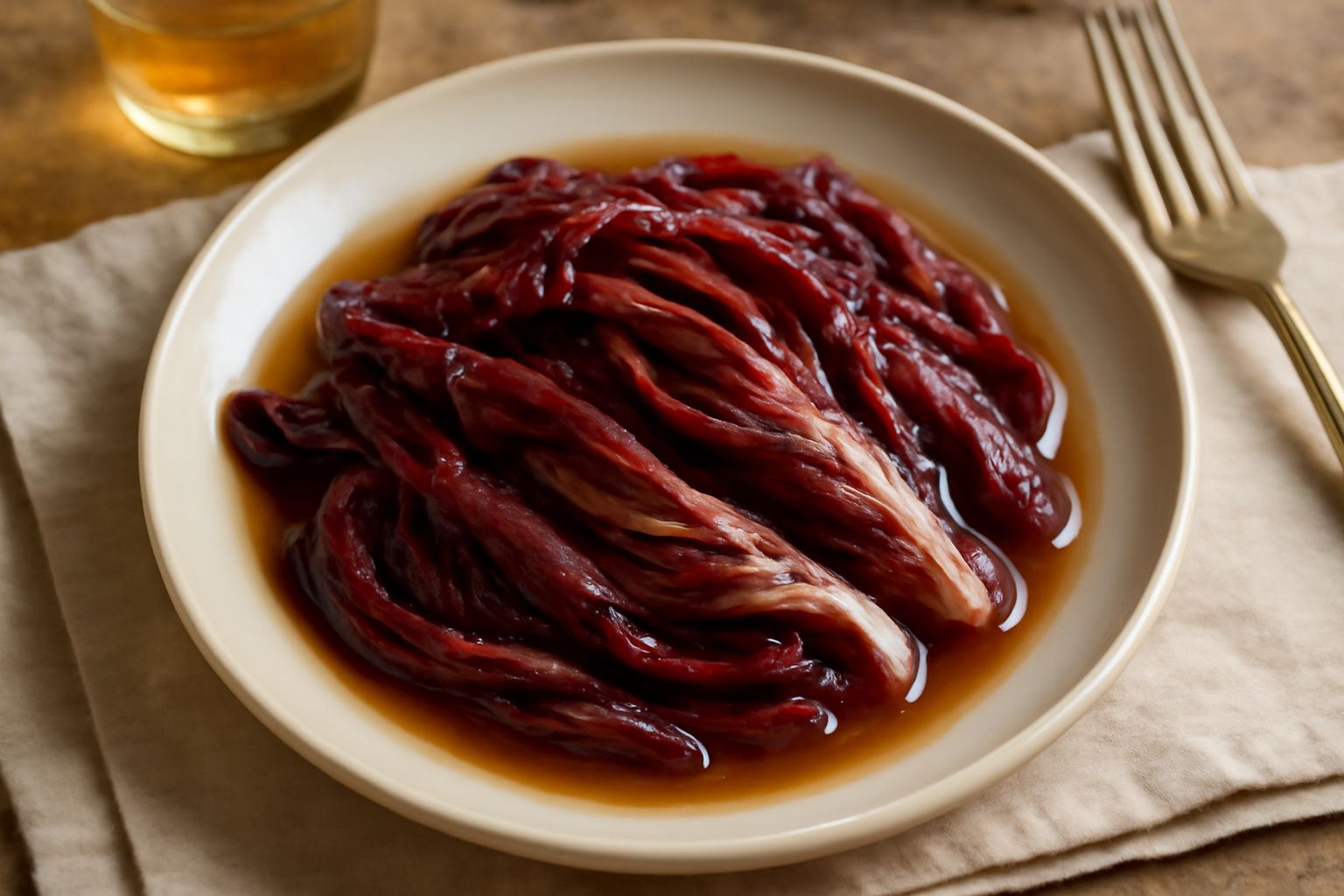 Radicchio rosso di Treviso a fettine sottili in un barattolo di vetro trasparente con liquido d'aceto, spezie scure e foglie rosso scuro ben visibili, su un piano di legno bianco con un coltello accan