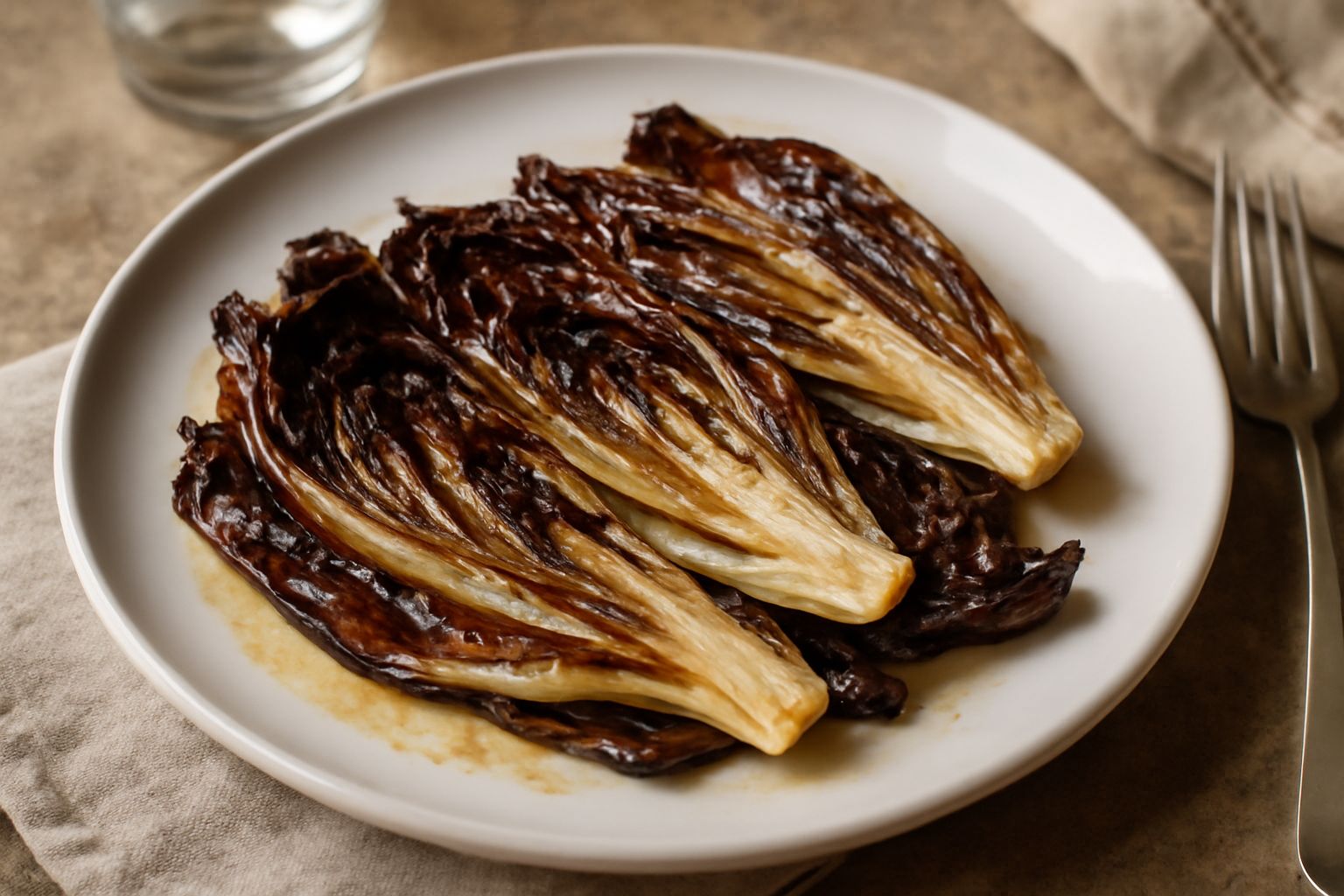 Radicchio rosso di Treviso a strisce in una padella in ghisa scura, leggermente caramellato ai bordi, con gocce d'olio lucido e spicchi d'aglio dorato, servito su un piatto bianco porcellana con cioto