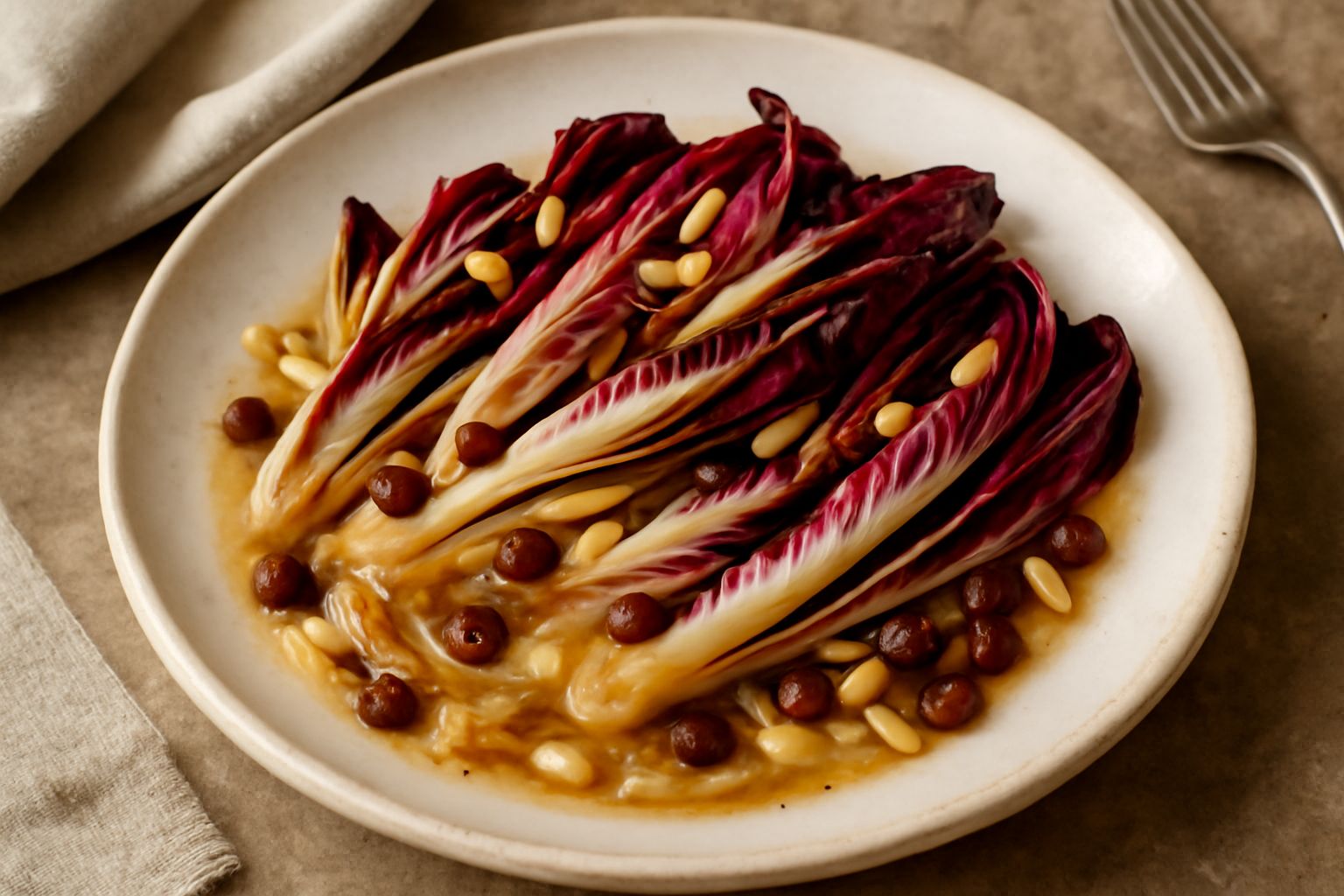 Piatto di radicchio rosso di Treviso marinato in saor, con strisce rosse e bianche brillanti, coperte da cipolla bionda caramellata, uvetta scura e pinoli tostati, condito con olio e aceto, servito in