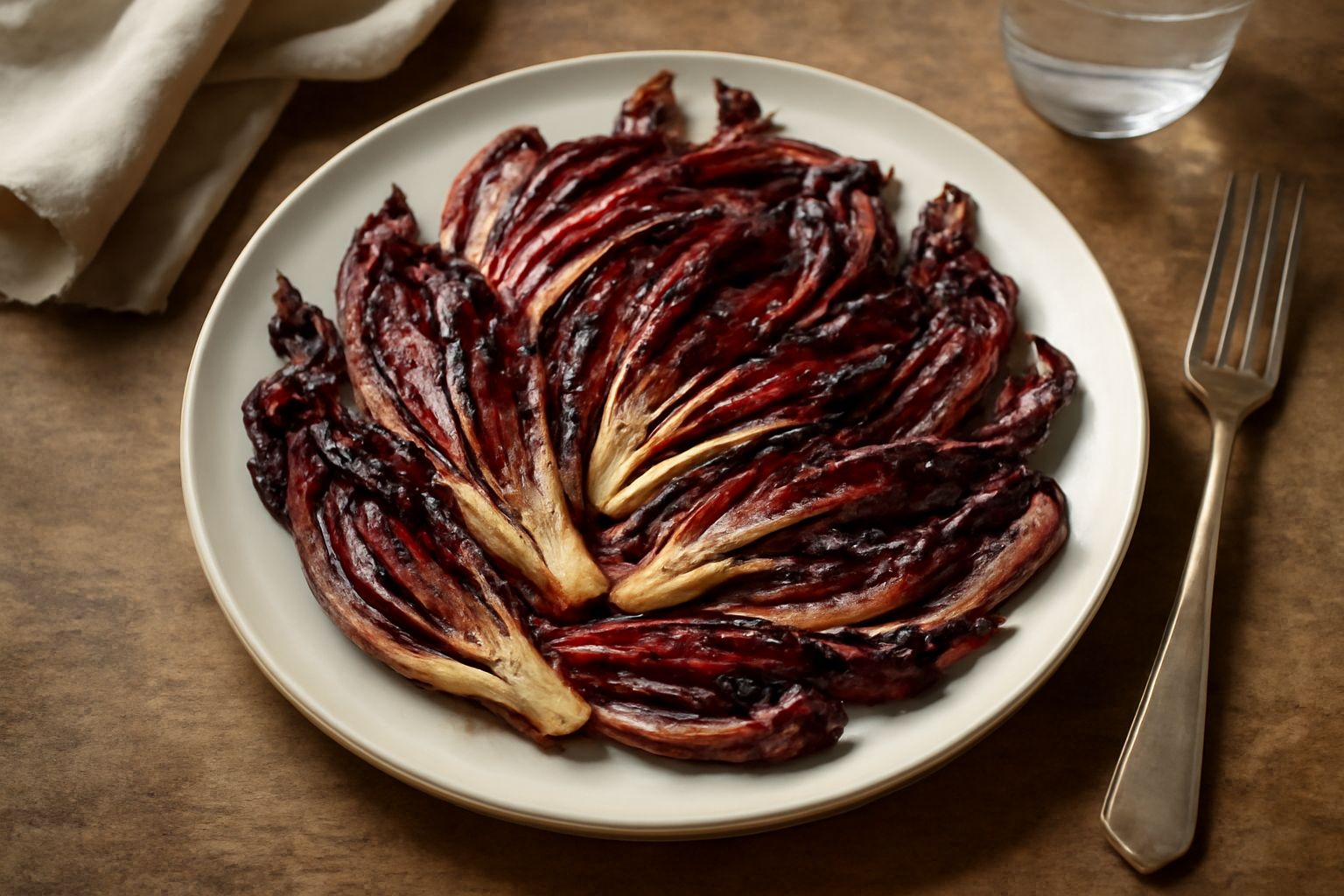 Radicchio rosso di Treviso ripassato in una padella di ferro con foglie dorate e caramellate ai bordi, aglio affettato dorato, olio lucido, prezzemolo fresco sparso in superficie, su un tavolo di legn