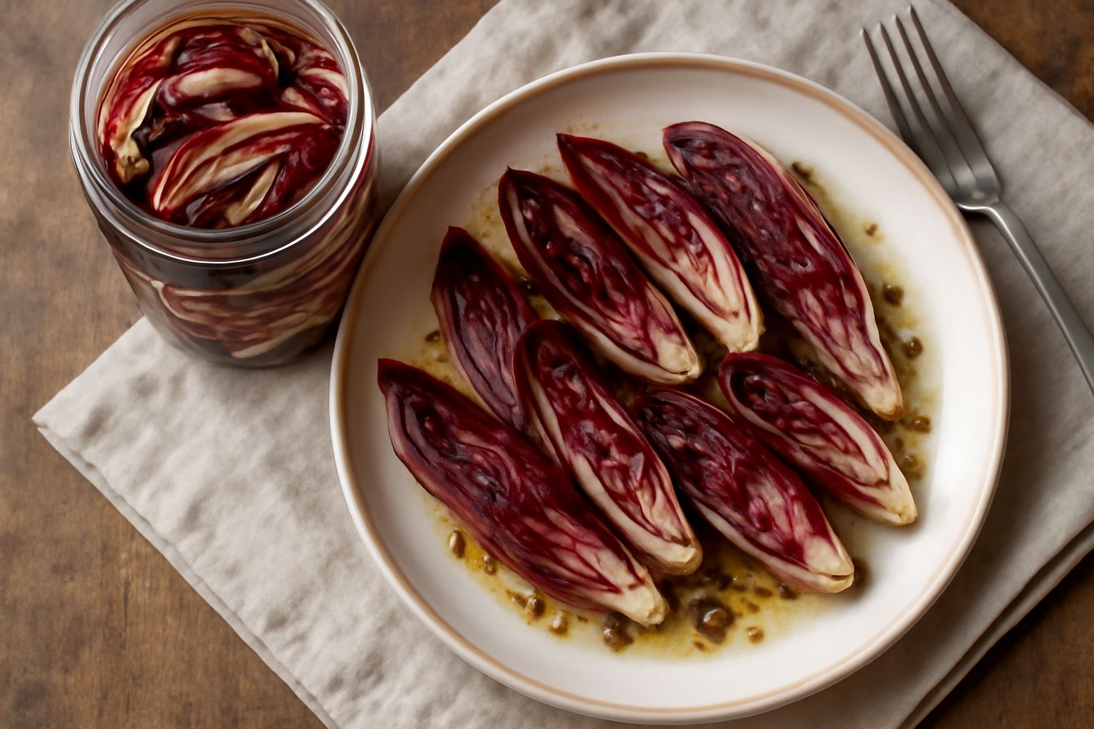 Barattoli di vetro con radicchio rosso di Treviso sott'aceto, foglie rosso scuro con venature bianche visibili, liquido trasparente dorato con spezie galleggianti, su uno sfondo rustico con foglia fre