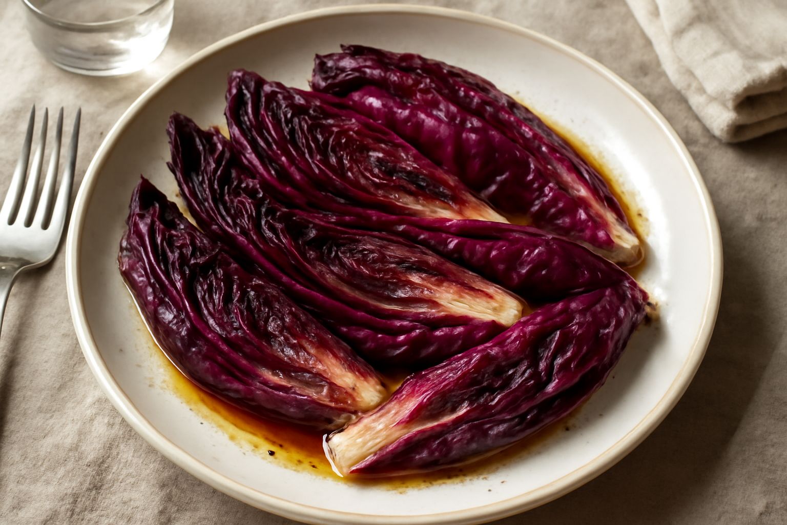 Padella in ghisa con radicchio rosso di Verona tagliato in quarti, dalle foglie lucide e violacee fragranti al profumo di burro e aglio, bordi leggermente caramellati, cosparso di sale grosso e pepe n