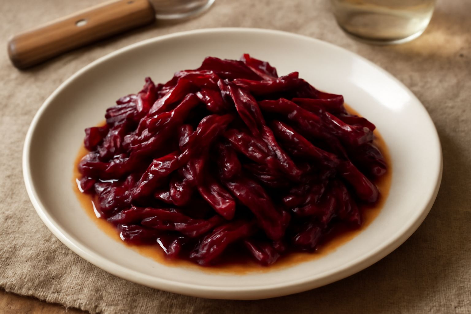 Piatto bianco con radicchio rosso affettato e croccante, foglie sfumate di rosso scuro e viola, bagnate da una salsa agrodolce trasparente, condito con semi di senape nera