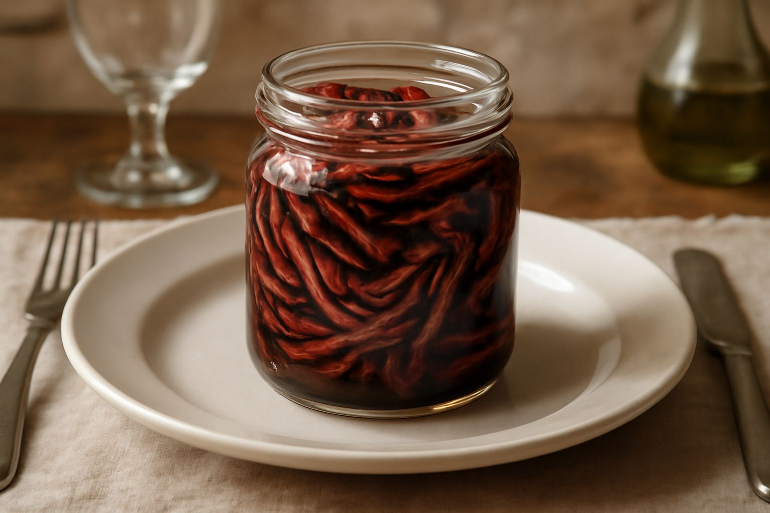 Vasetto di vetro con radicchio rosso tagliato a strisce sottili, immerso in liquido trasparente con aceto balsamico, illuminato dalla luce naturale su sfondo bianco
