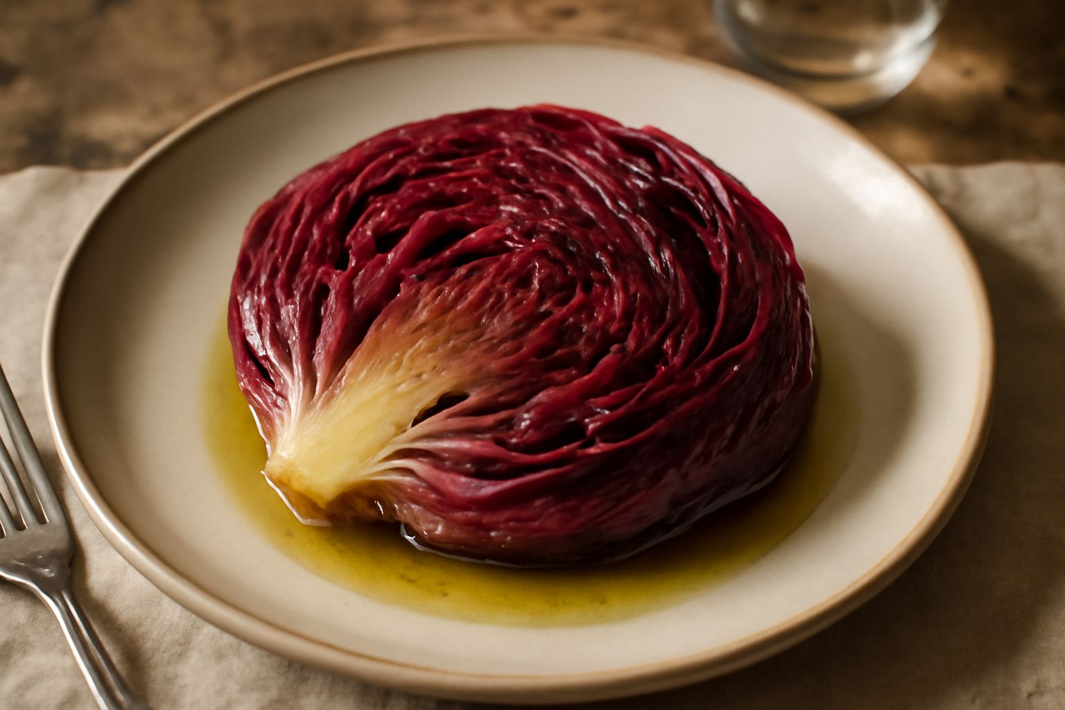 Radicchio rosso lesso tagliato a metà, disposto su un piatto bianco con gocce d'acqua sulla superficie, colore rosso scuro e bordi più chiari, texture morbida e compatta