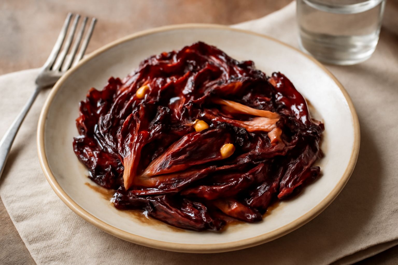 Radicchio rosso ripassato in padella di ferro, foglie caramellate ai bordi, brillanti di olio, con spicchi d'aglio dorato, servito in piatto bianco con filo di olio a crudo