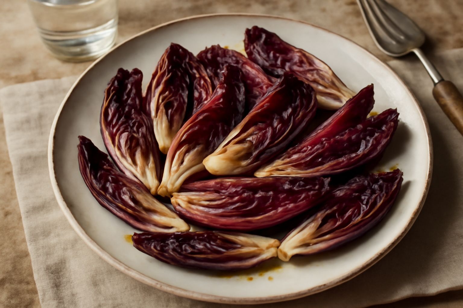 Radicchio rosso tagliato a spicchi, saltato in padella con olio, spicchi d'aglio dorato e pepe nero. Piatto bianco con contorno fumante ancora caldo, foglie rosse brillanti, leggermente caramellate ai